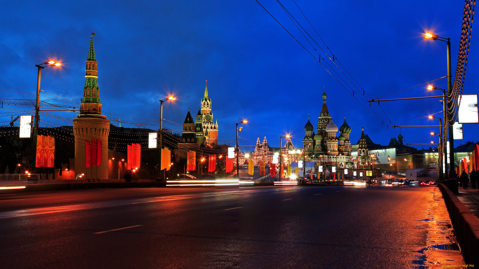 большой, москворецкий, мост, города, москва, россия, дома, река, огни, ночь