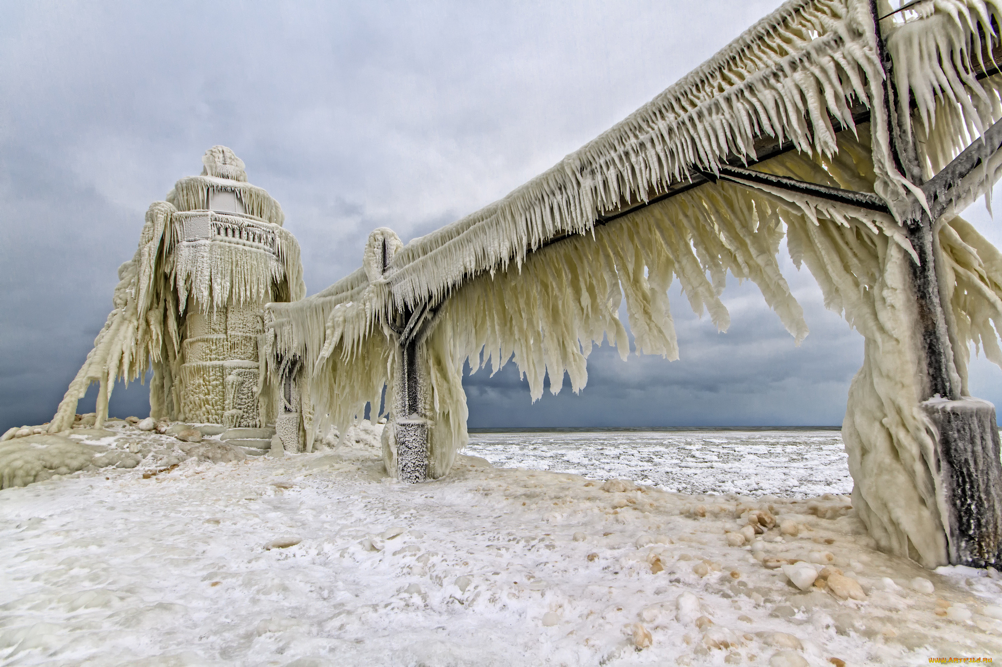 lake, michigan, природа, стихия, мороз, маяк, озеро, мичиган, лёд