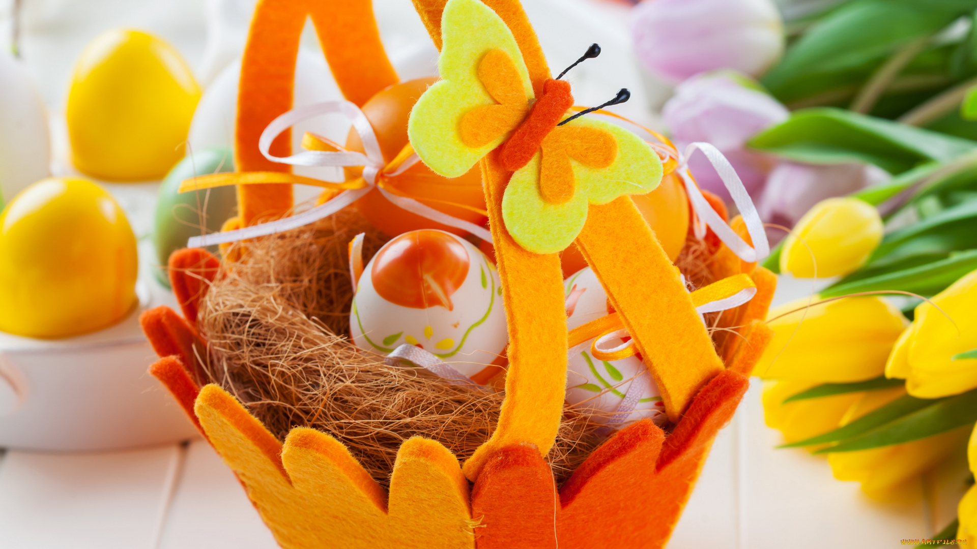 праздничные, пасха, корзина, яйца, colorful, eggs, tulips, flowers, easter, basket