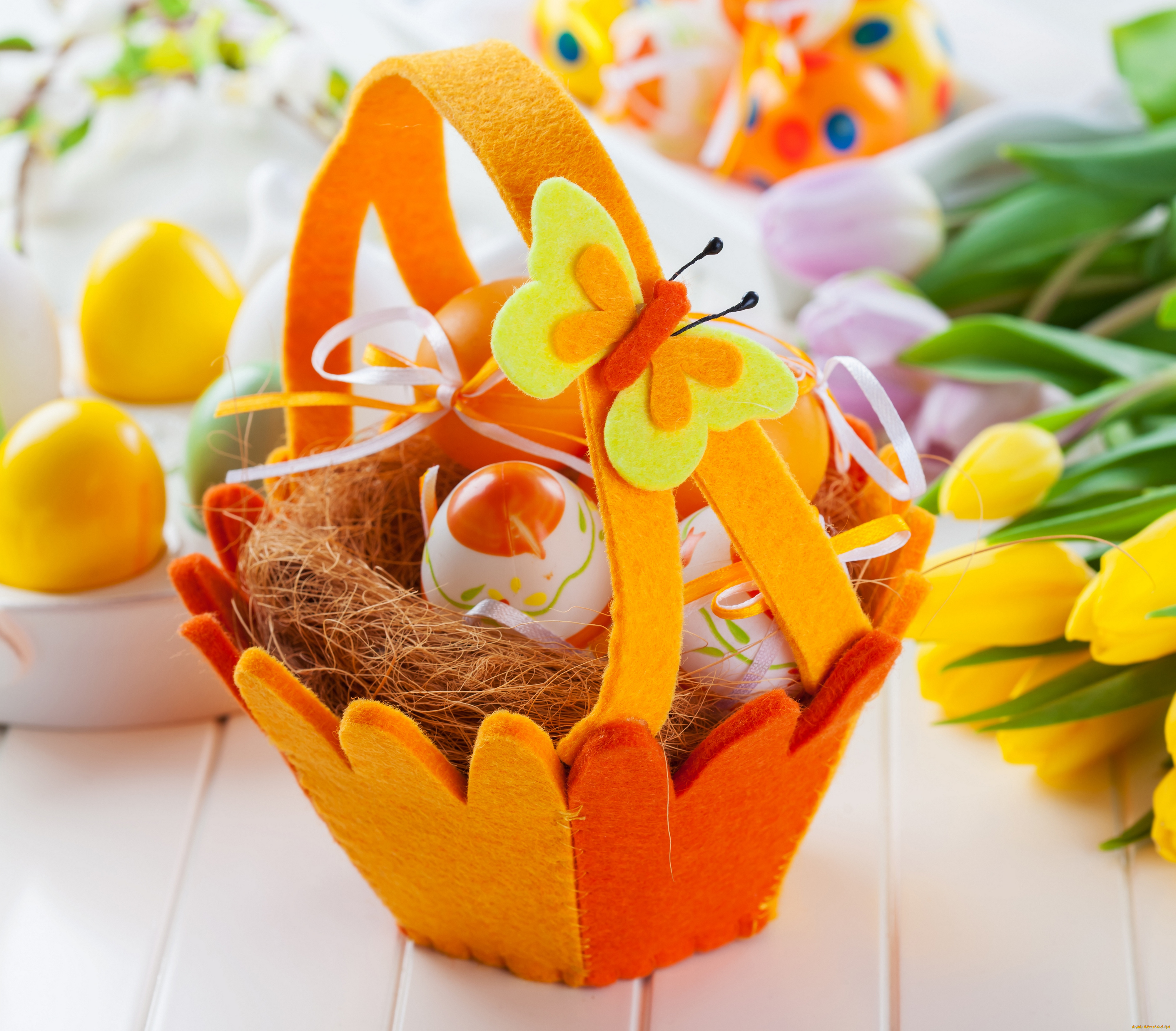 праздничные, пасха, корзина, яйца, colorful, eggs, tulips, flowers, easter, basket
