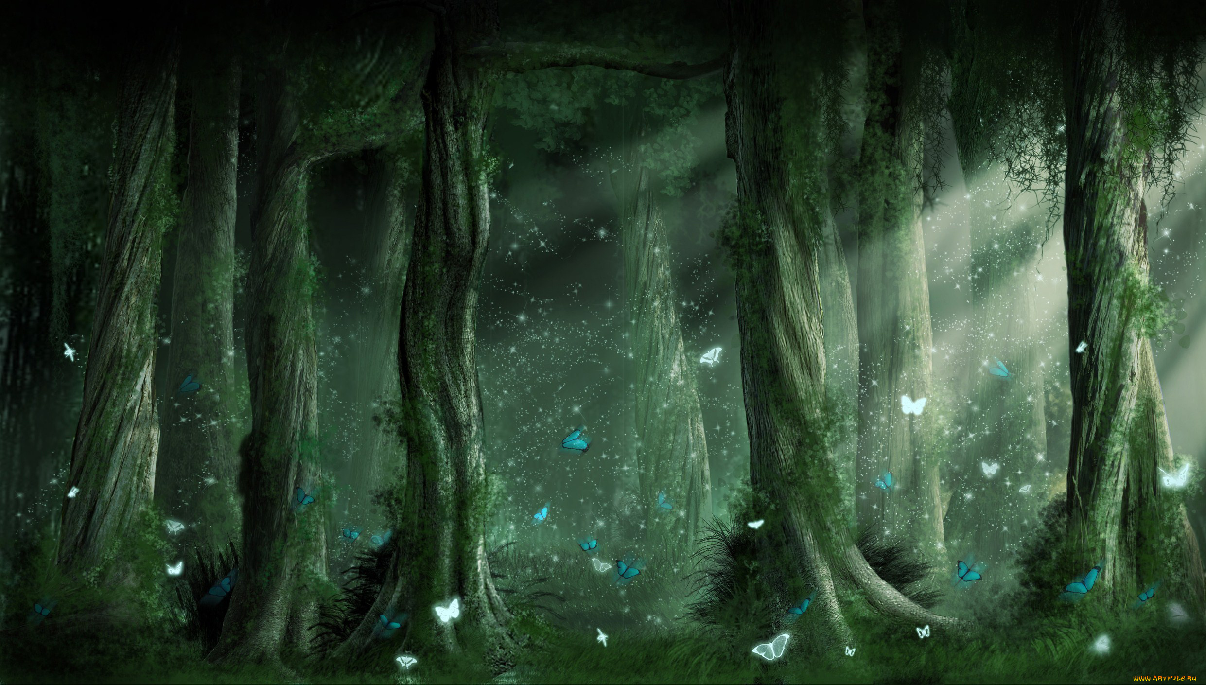 волшебный, лес, фэнтези, пейзажи, сумерки, туман, сказка, бабочки, волшебный, лес