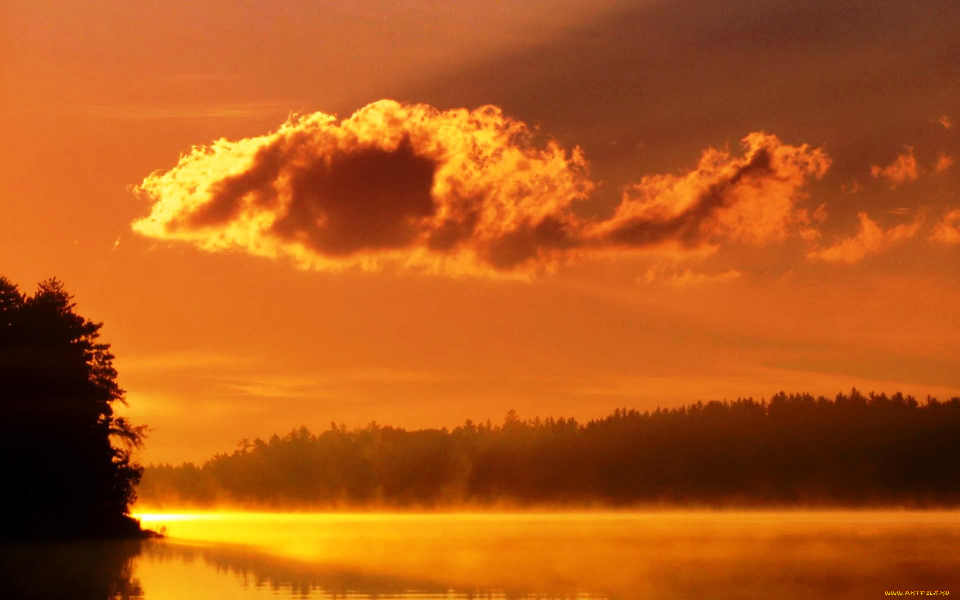 природа, реки, озера, небо, облака, оранжевый, озеро, туман