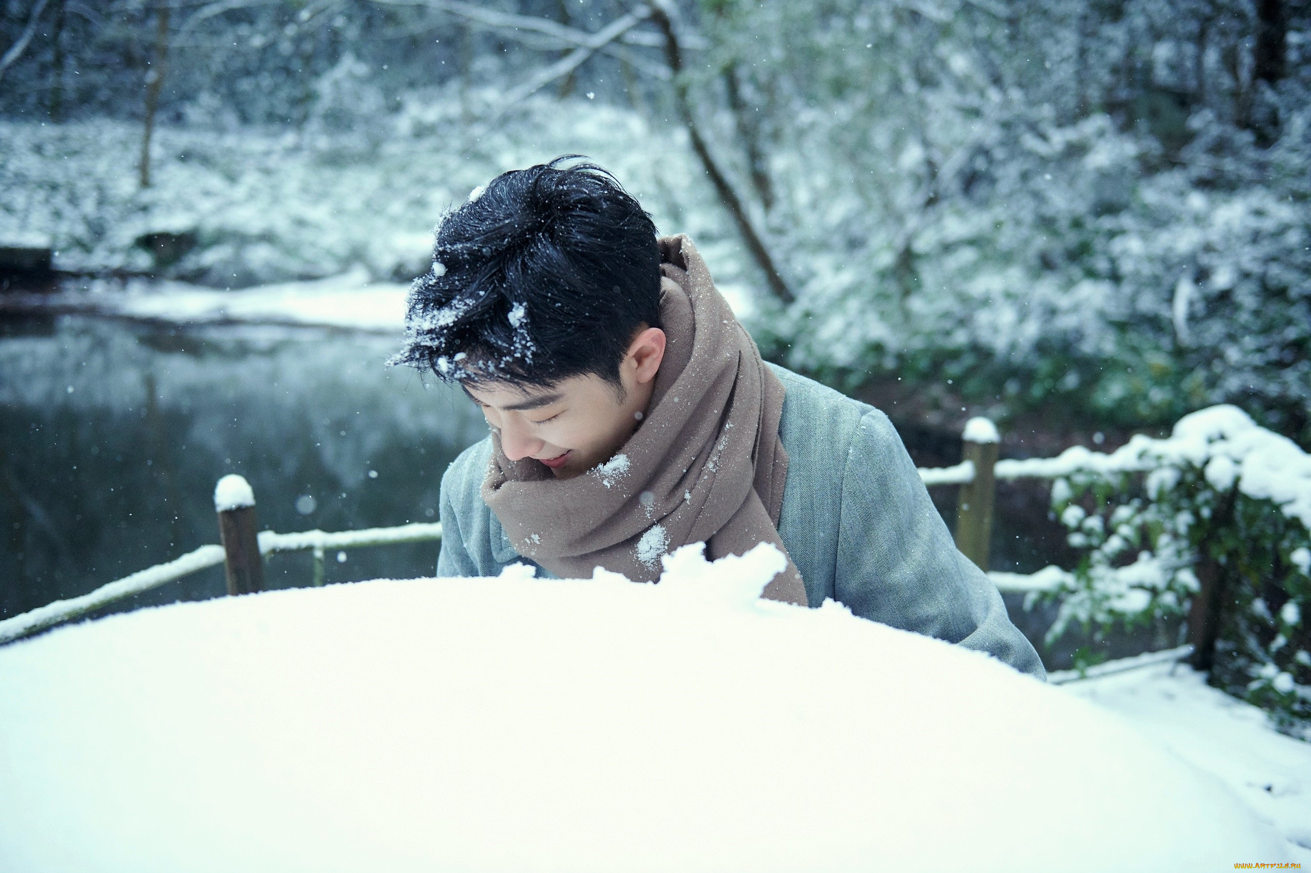 мужчины, xiao, zhan, актер, пальто, шарф, озеро, снег