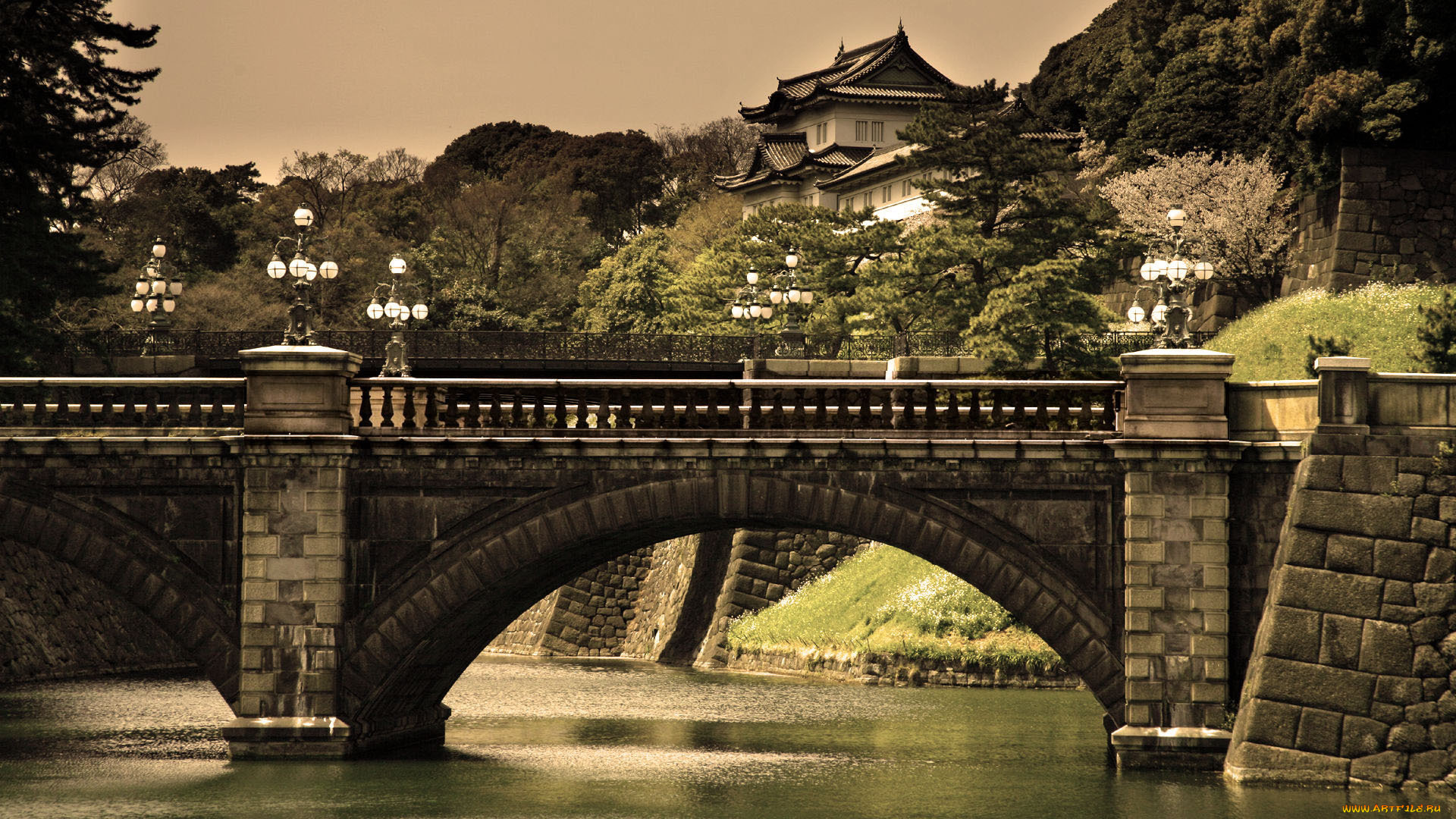 города, мосты, мост, деревья, фонари, река, Imperial, Palace, tokyo, japan