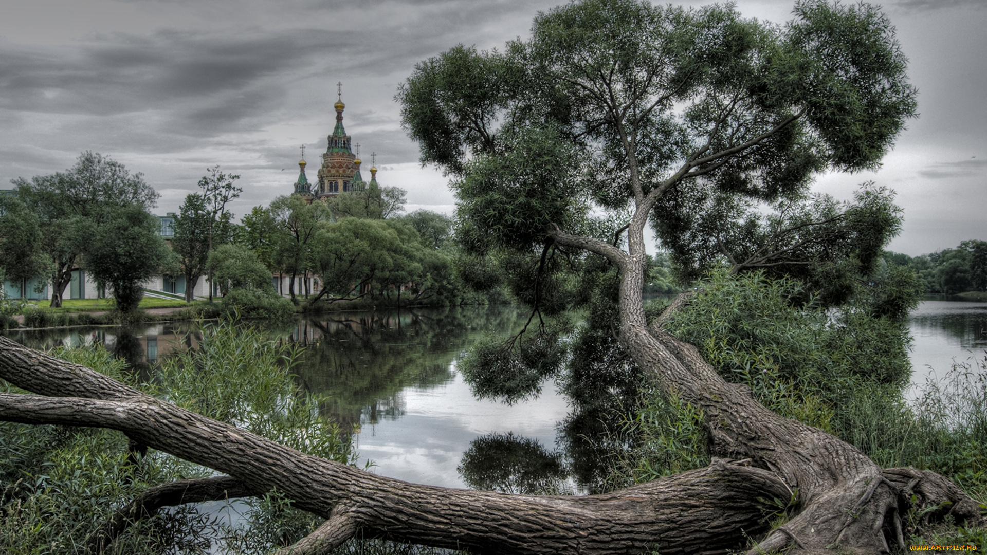 природа, деревья, дерево, озеро, собор, тучи, облака