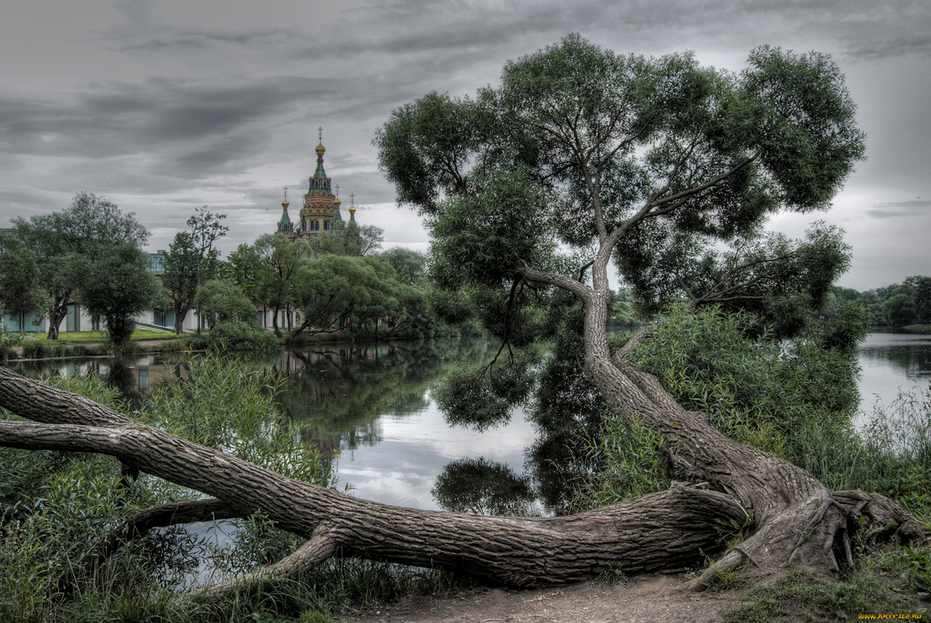 природа, деревья, дерево, озеро, собор, тучи, облака