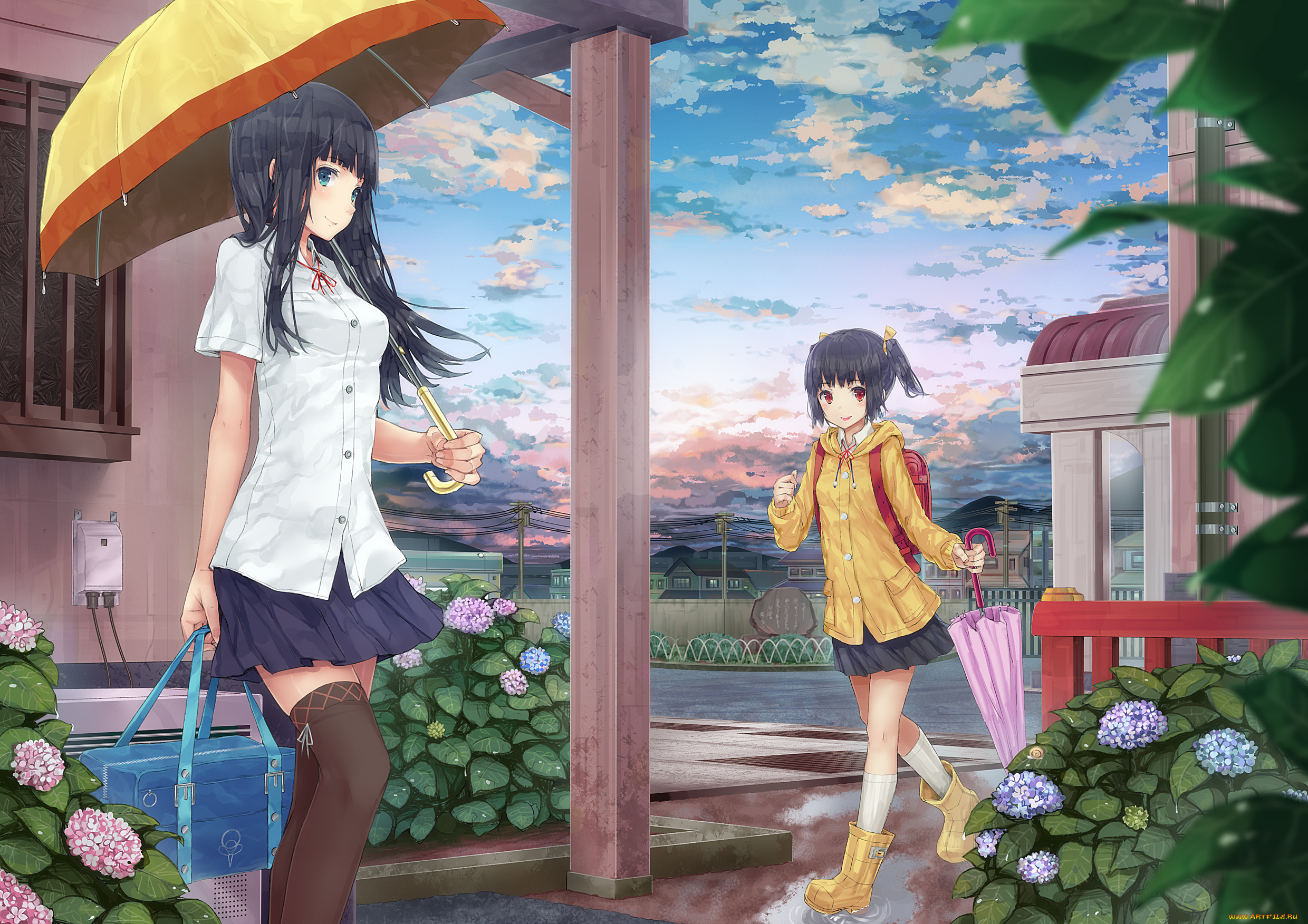 аниме, *unknown, другое, девушки, зонт, цветы