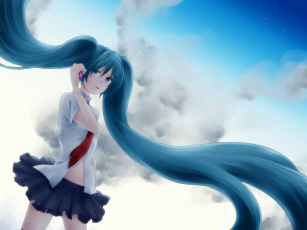 Картинка аниме vocaloid hatsune miku мобильник вокалоид телефон небо хвостики облака слезы