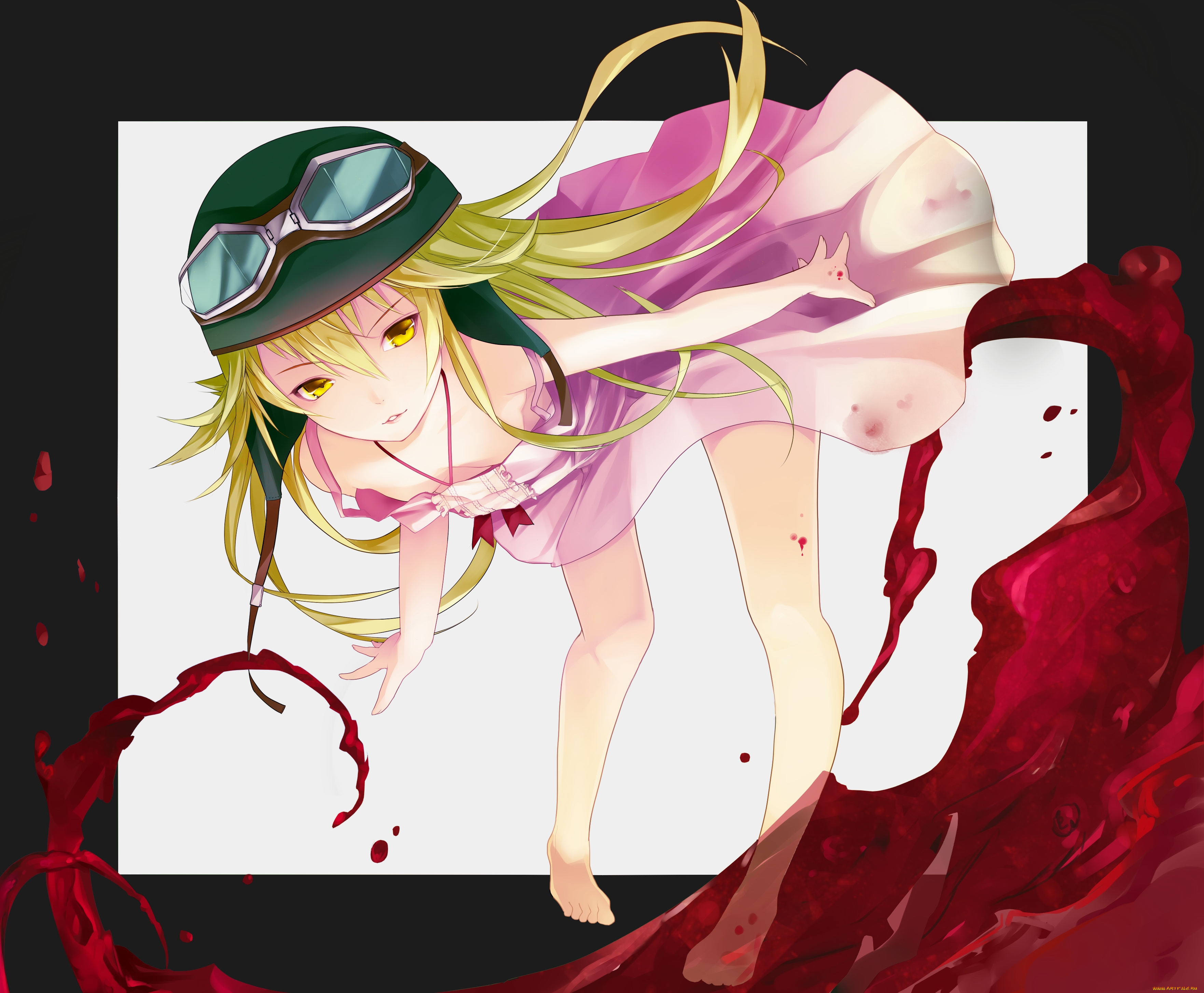 oshino, shinobu, аниме, bakemonogatari, девушка, платье, шлем, кровь