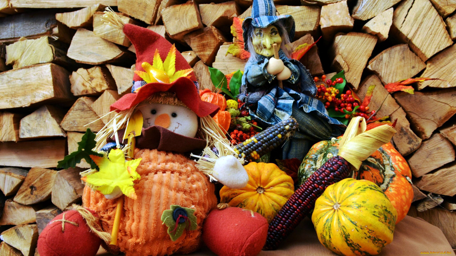 праздничные, хэллоуин, кукуруза, тыква, чучело, ведьма, дрова