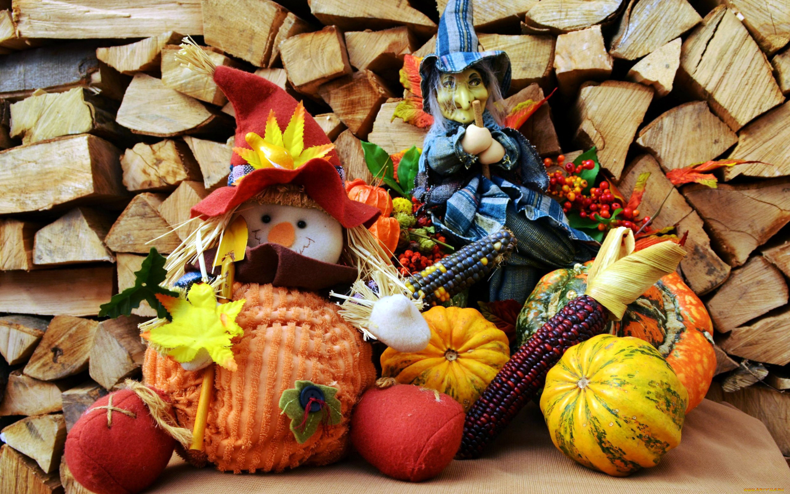 праздничные, хэллоуин, кукуруза, тыква, чучело, ведьма, дрова