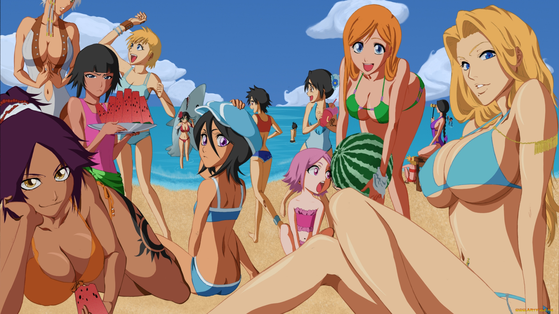 аниме, bleach, купальники, песок, арбуз, отдых, море, пляж, девушки