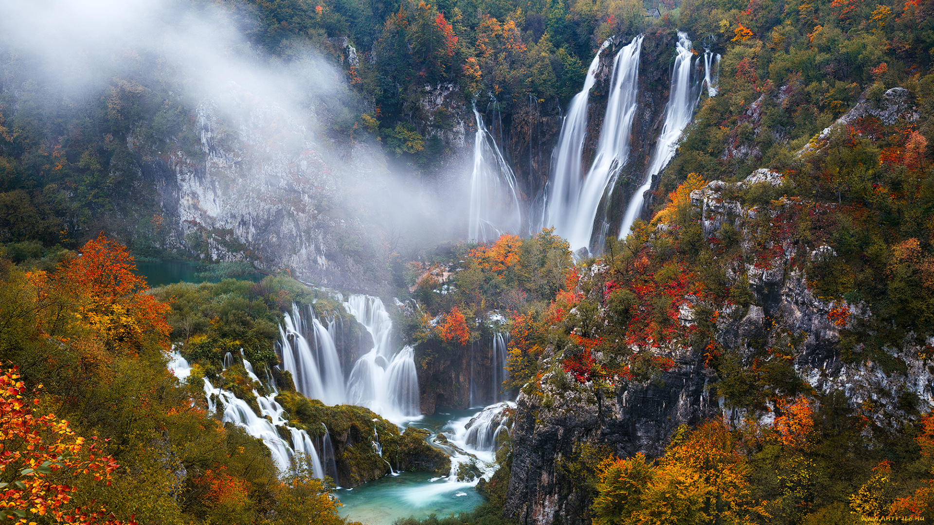 природа, водопады, скалы, осень, деревья, plitvice, хорватия