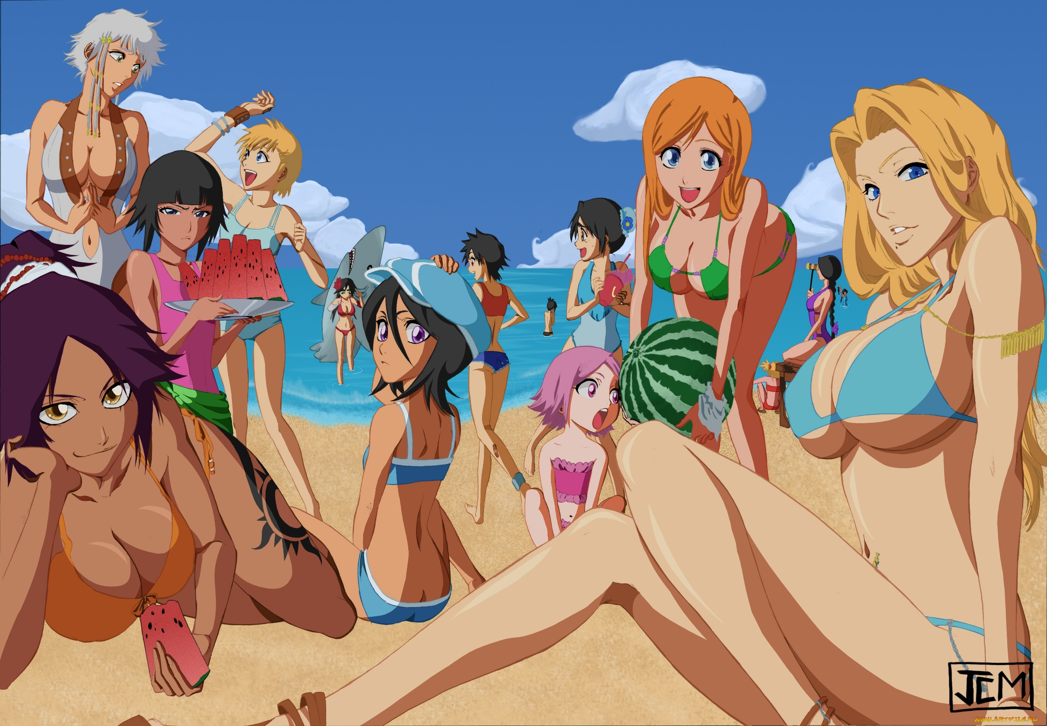 аниме, bleach, купальники, песок, арбуз, отдых, море, пляж, девушки