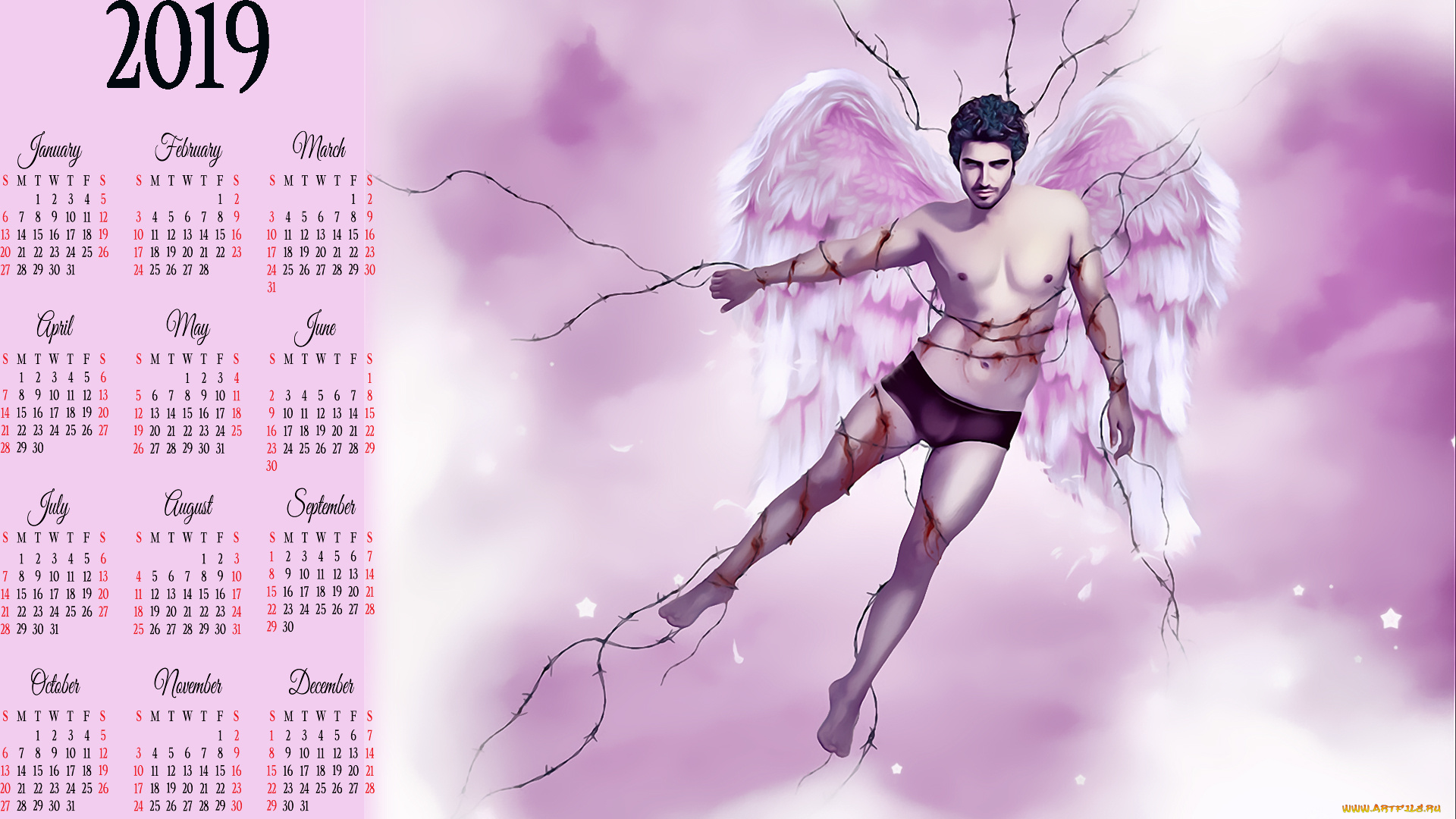 календари, фэнтези, рана, колючка, ангел, крылья, мужчина
