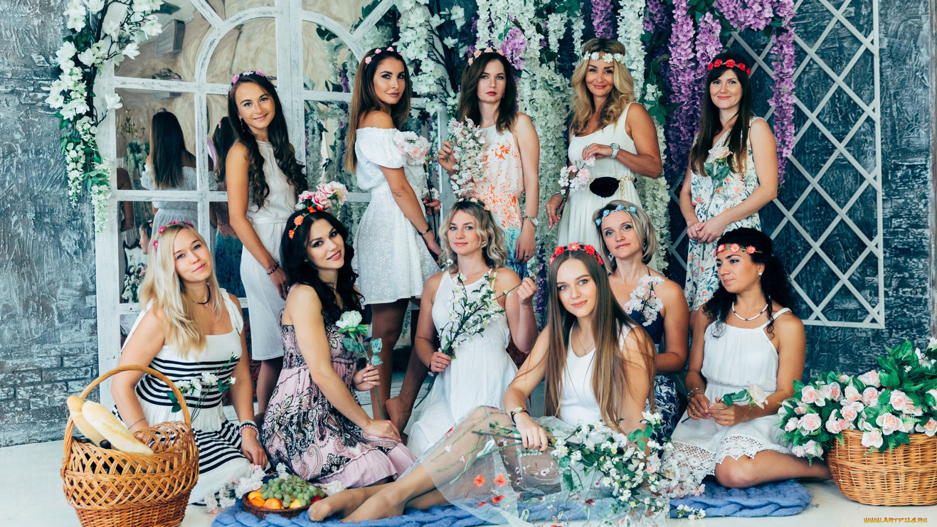 девушки, -, группа, девушек, подруги, группа, фотосессия, цветы, корзины