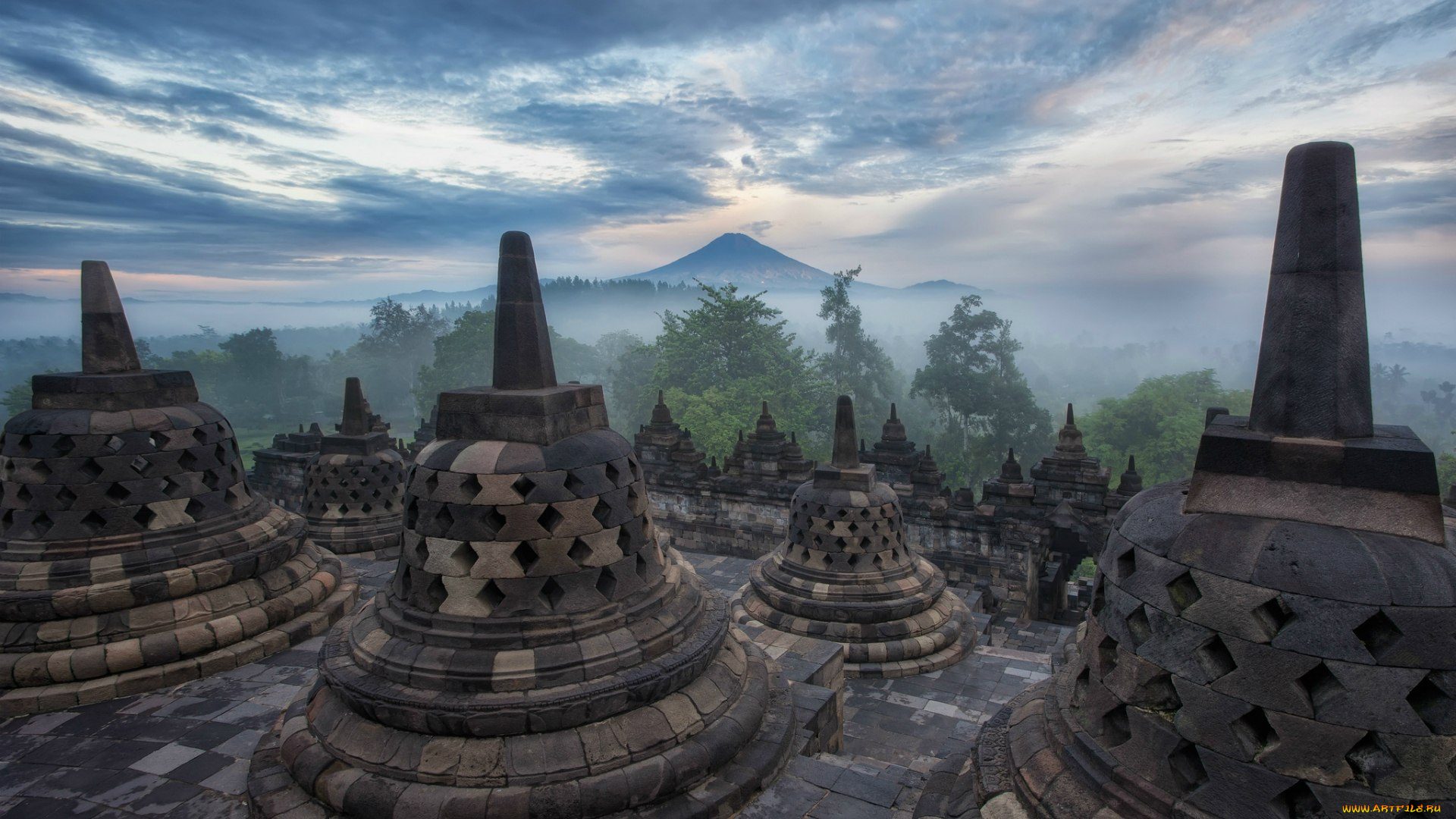 индонезия, остров, Ява, храм, боробудур, города, буддистские, другие, храмы, туман