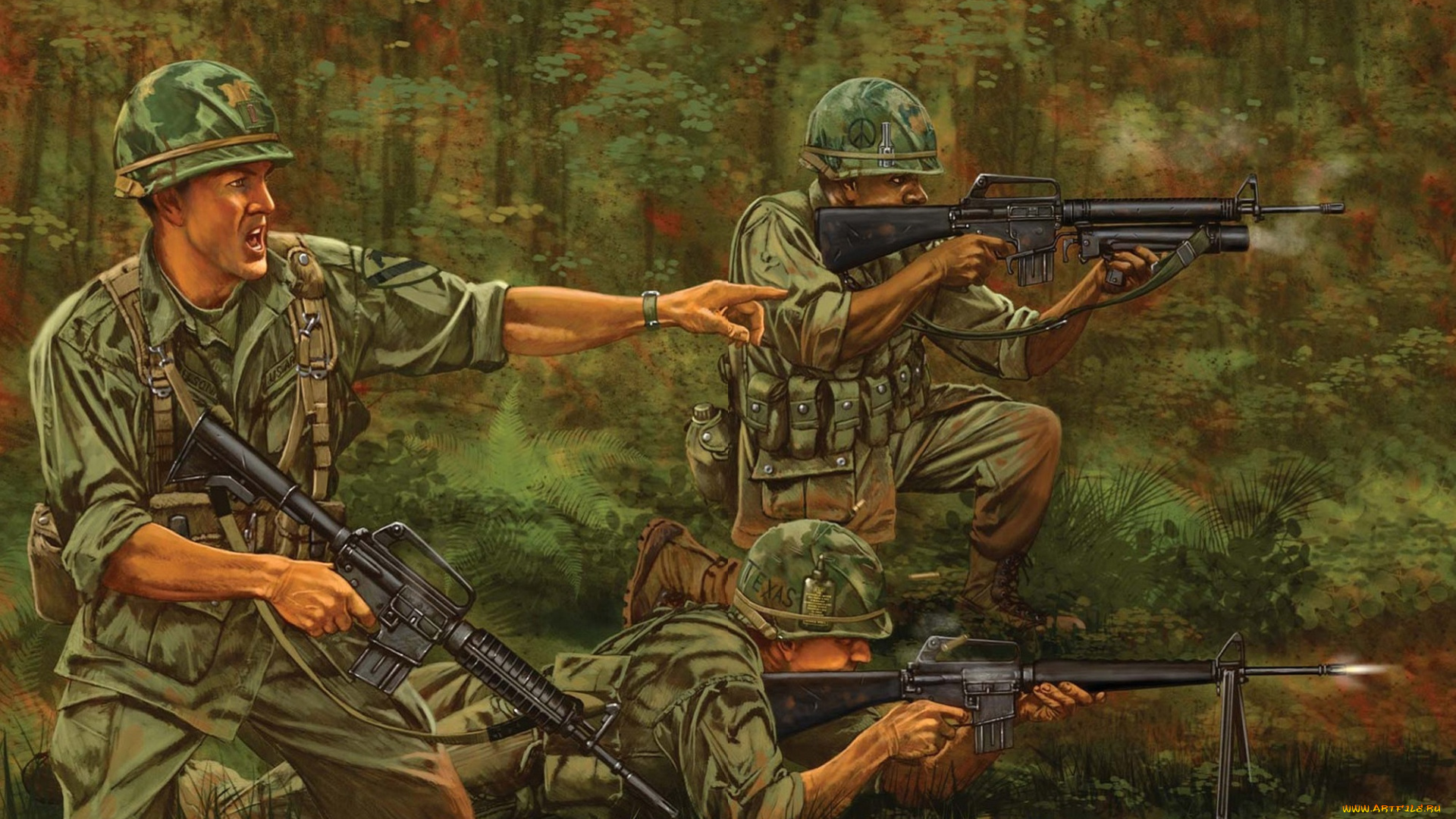 рисованные, армия, винтовка, м-16, солдаты, джунгли, вьетнам, стрельба, вс, сша