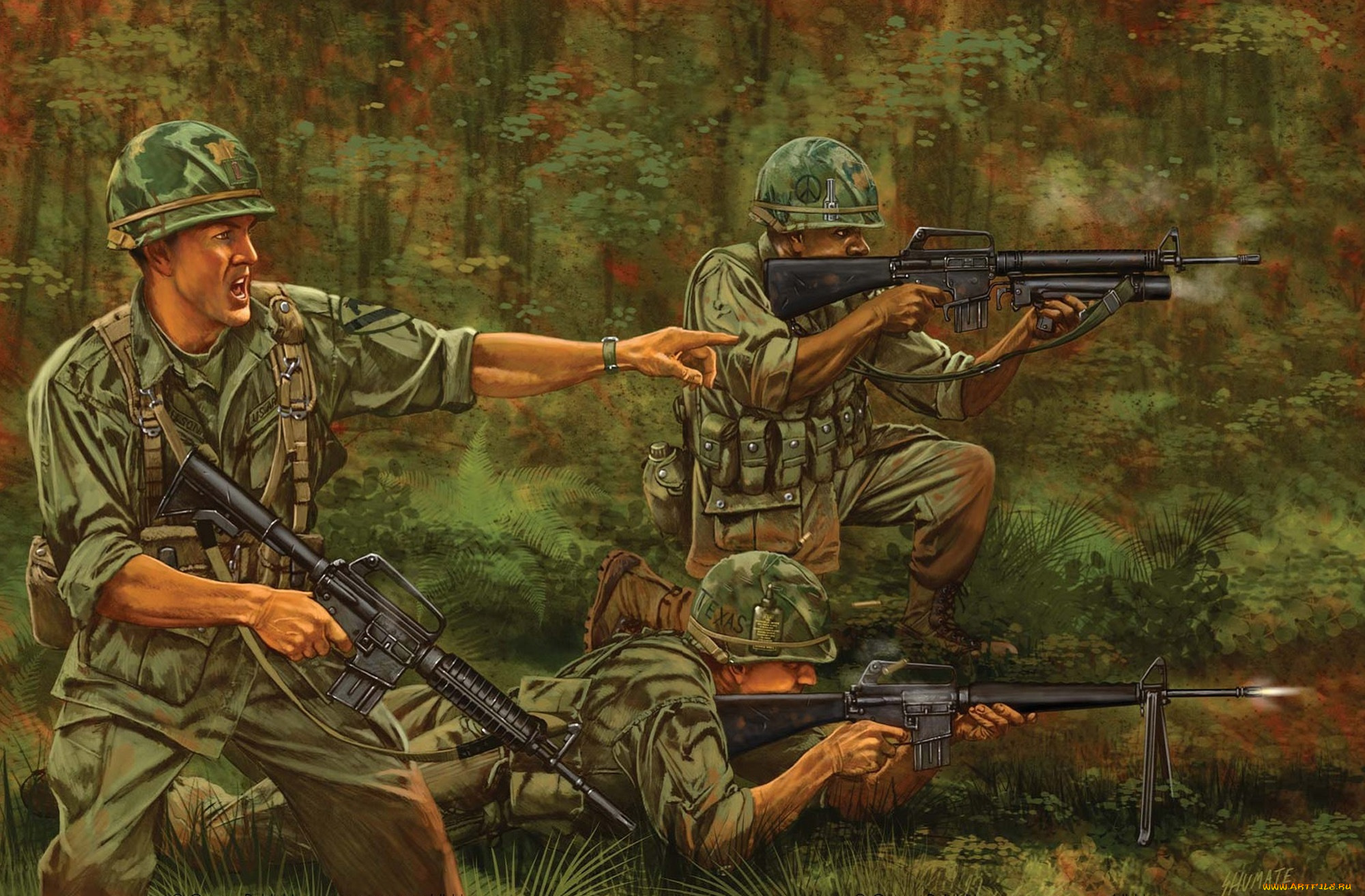 рисованные, армия, винтовка, м-16, солдаты, джунгли, вьетнам, стрельба, вс, сша