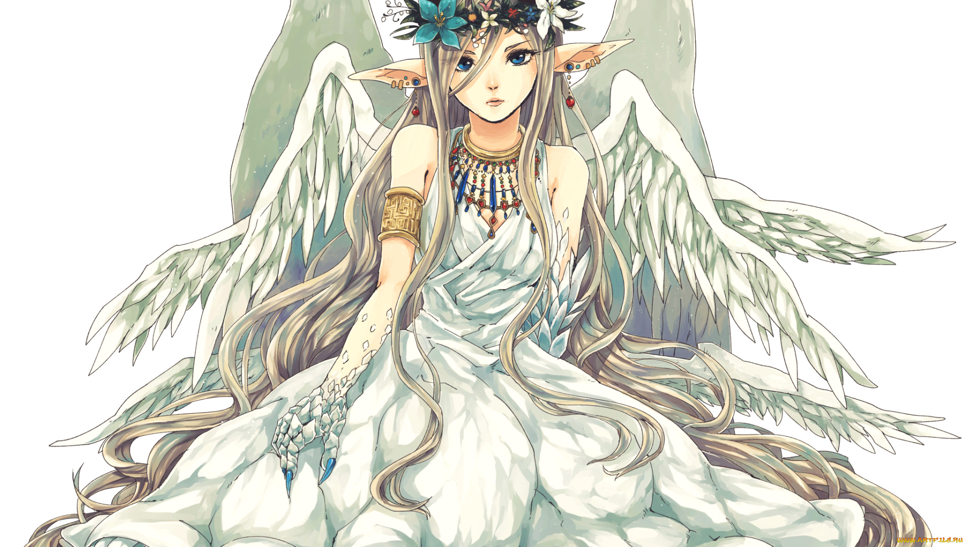 аниме, -angels, &, demons, белый, фон, цветы, ушки, арт, ангел, девушка