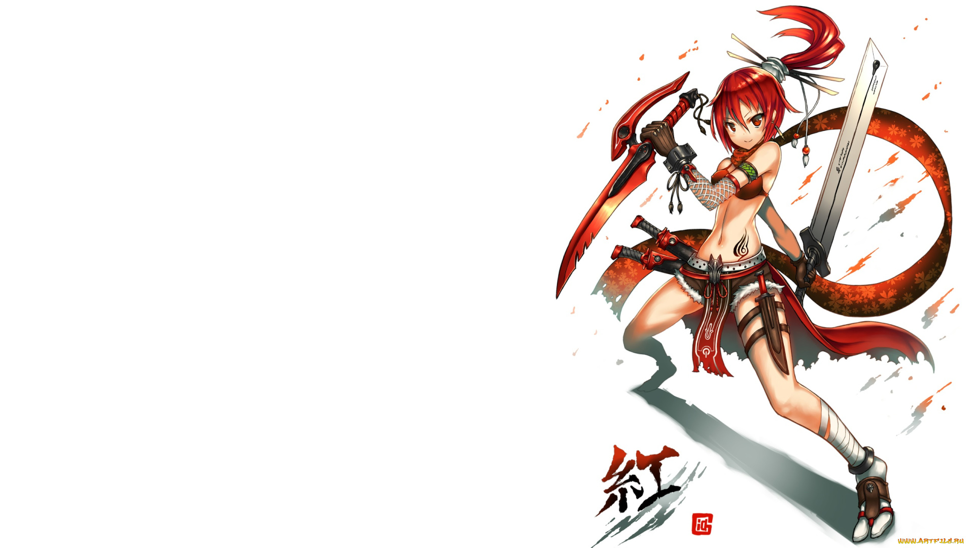 аниме, -weapon, , blood, &, technology, девушка, мечи, оружие, красные, волосы, белый, фон
