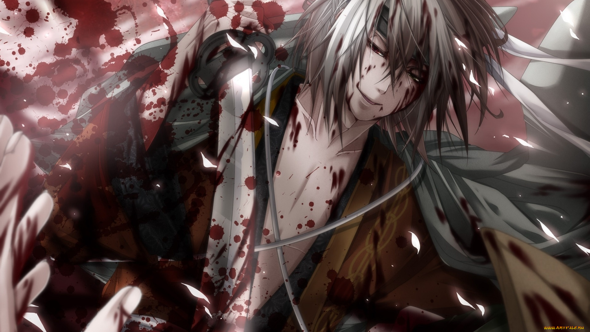 аниме, hakuoki, меч, кровь, парень