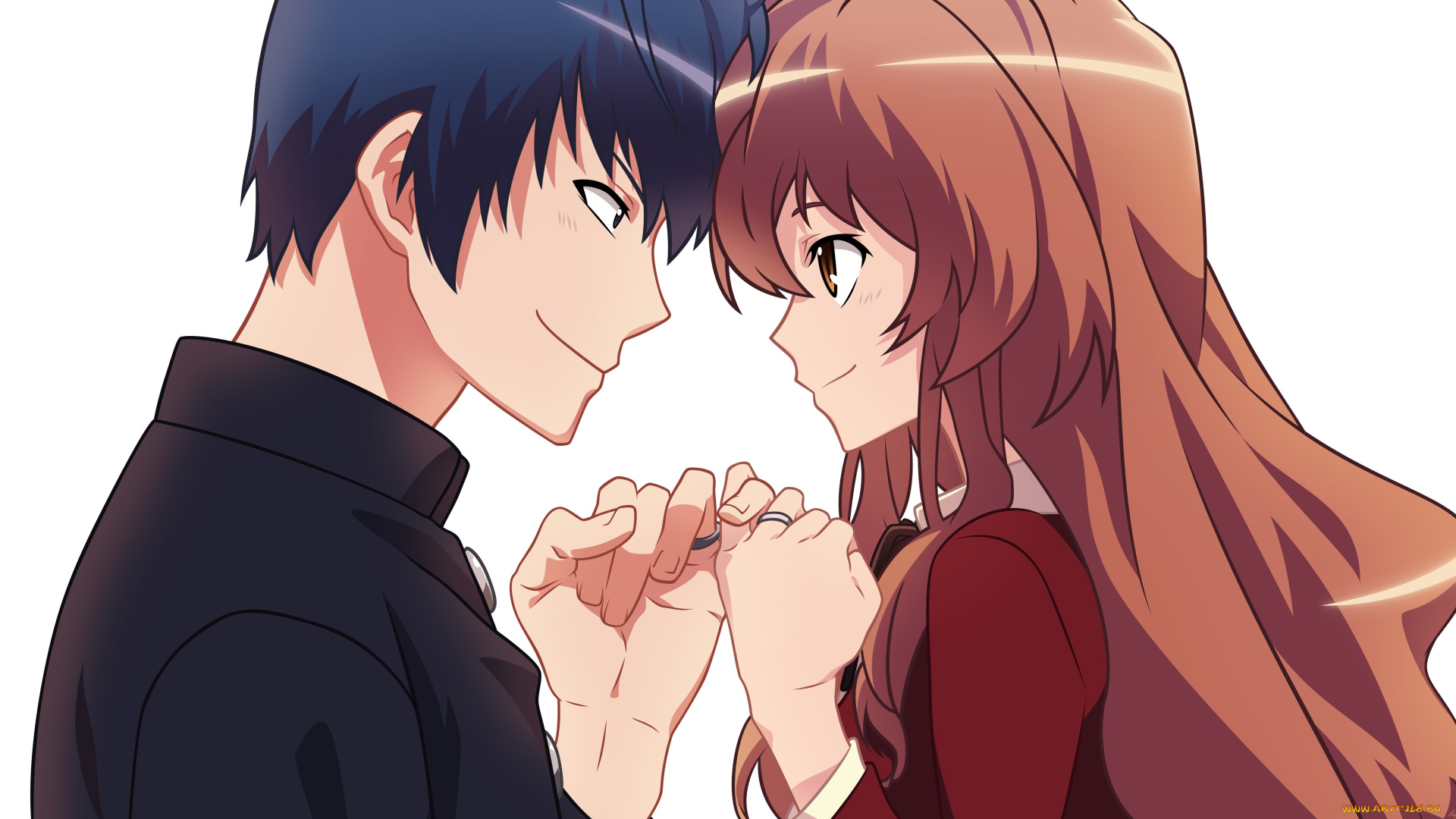 аниме, toradora, парень, takasu, ryuuji, aisaka, taiga, взгляд, пальцы, кольца, девушка, пара