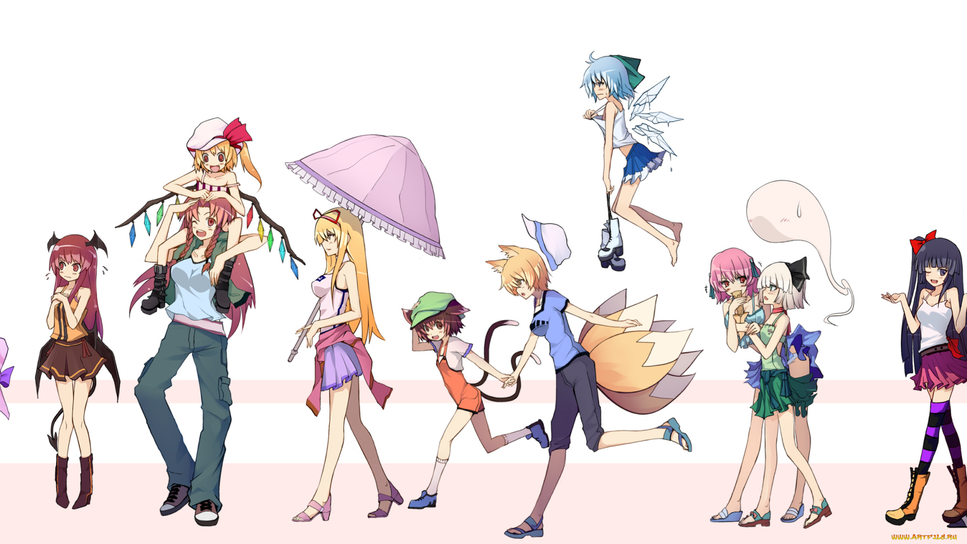 аниме, touhou, белый, фон, зонтики, персонажи, разные