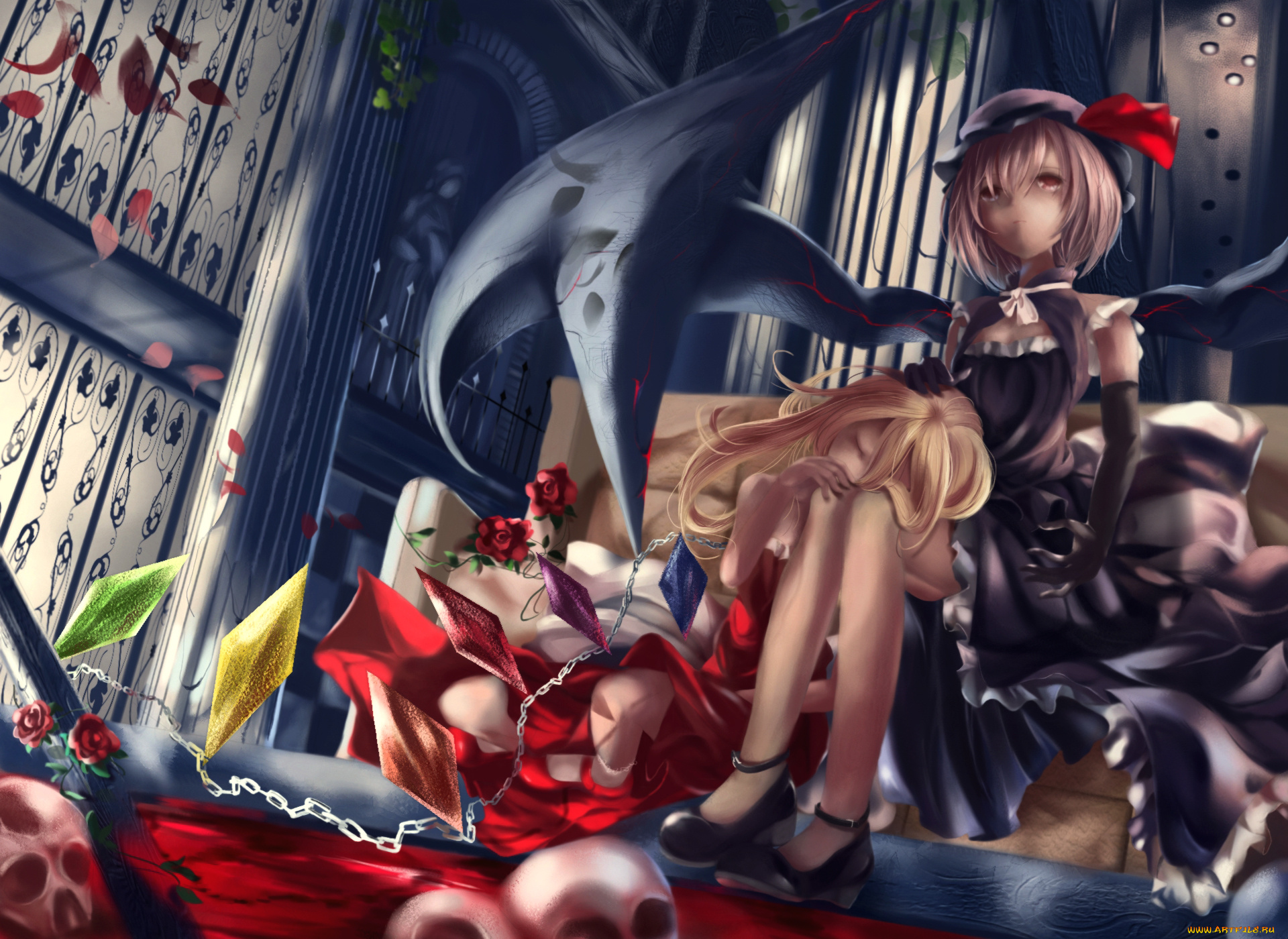 аниме, touhou, кристаллы, крылья, девушки