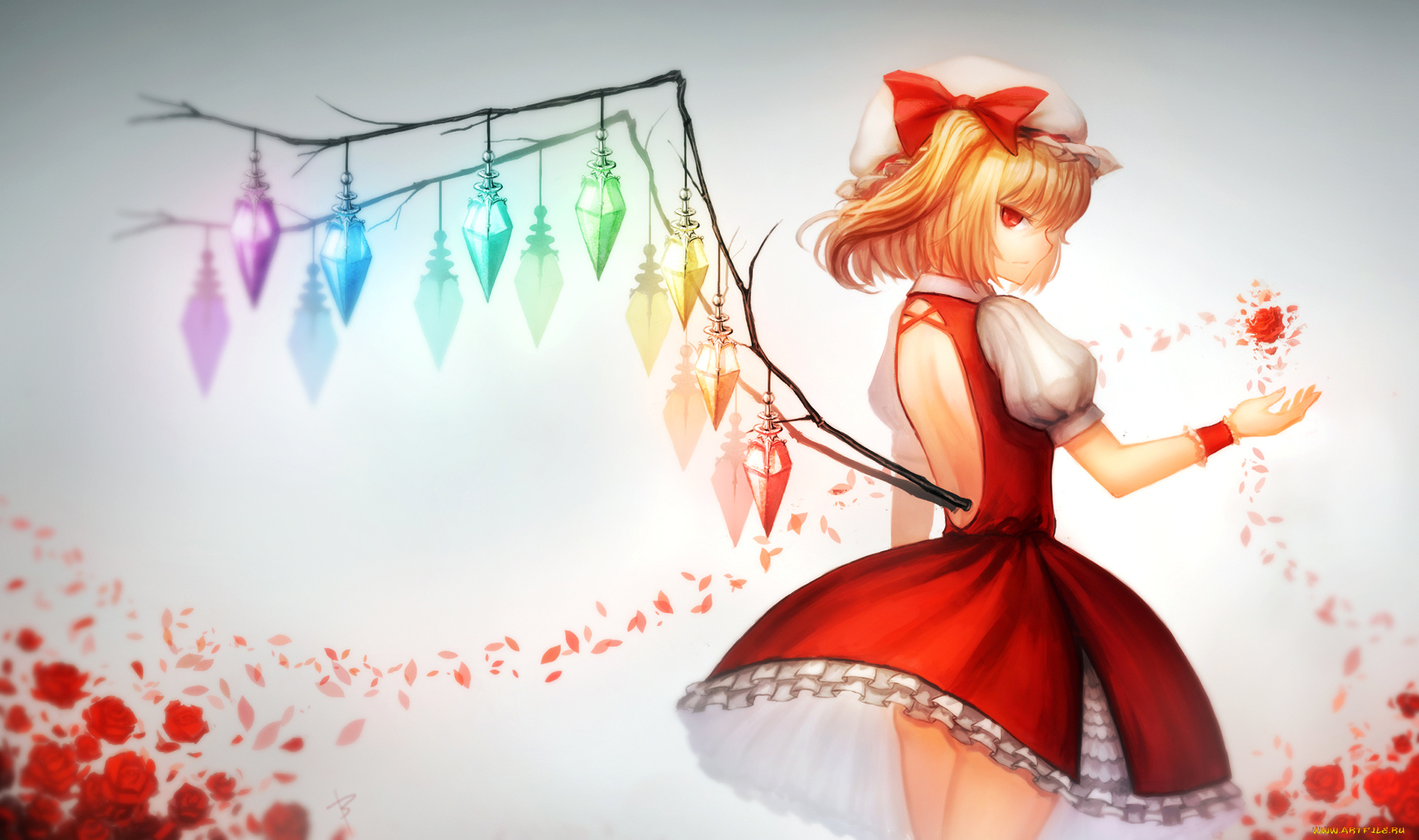 аниме, touhou, лепестки, розы, ветка, девушка, блондинка, кристаллы