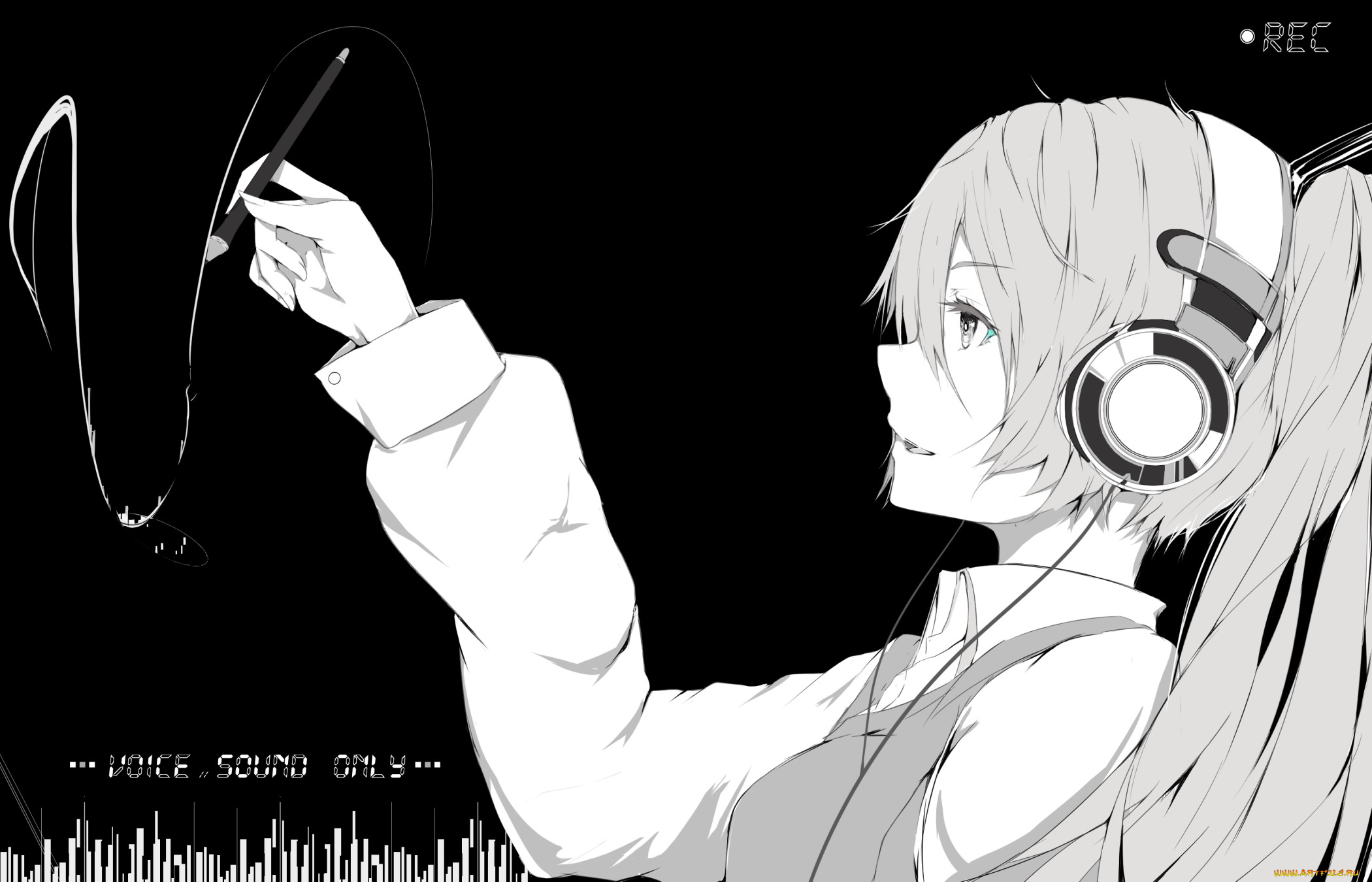аниме, -headphones, &, instrumental, чёрно-белая, девушка, кисточка, наушники
