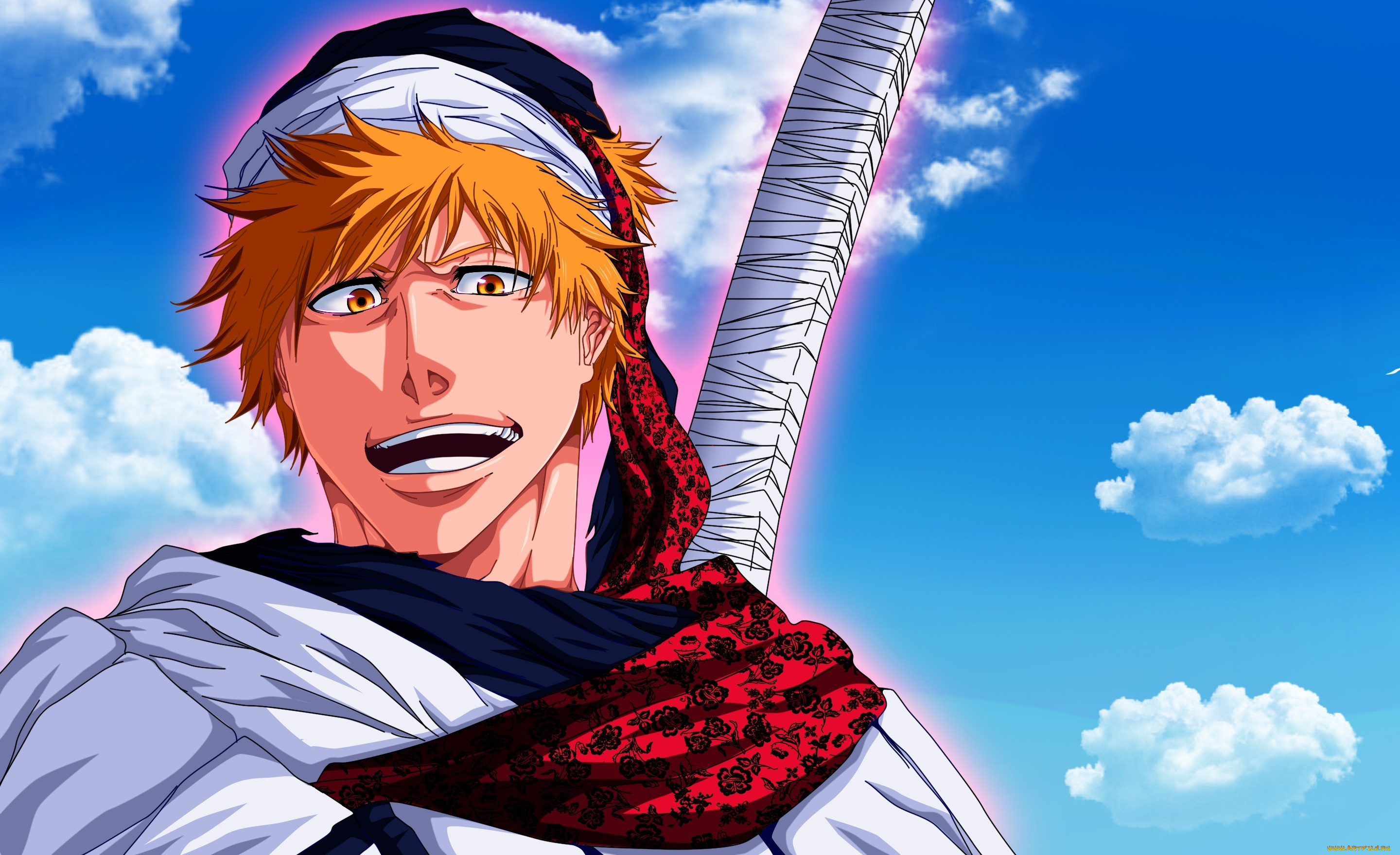 аниме, bleach, взгляд, kurosaki, ichigo, рыжий, shinigami, небо, парень, облака