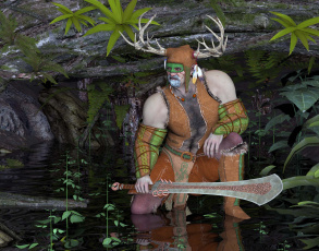 Картинка 3д+графика фантазия+ fantasy мужчина меч рога