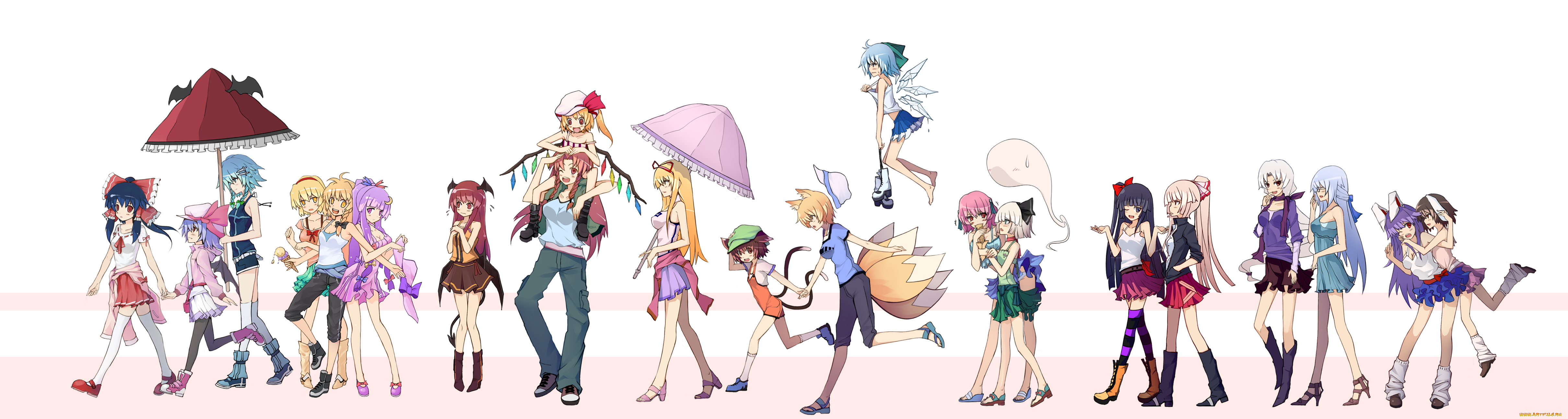 аниме, touhou, белый, фон, зонтики, персонажи, разные