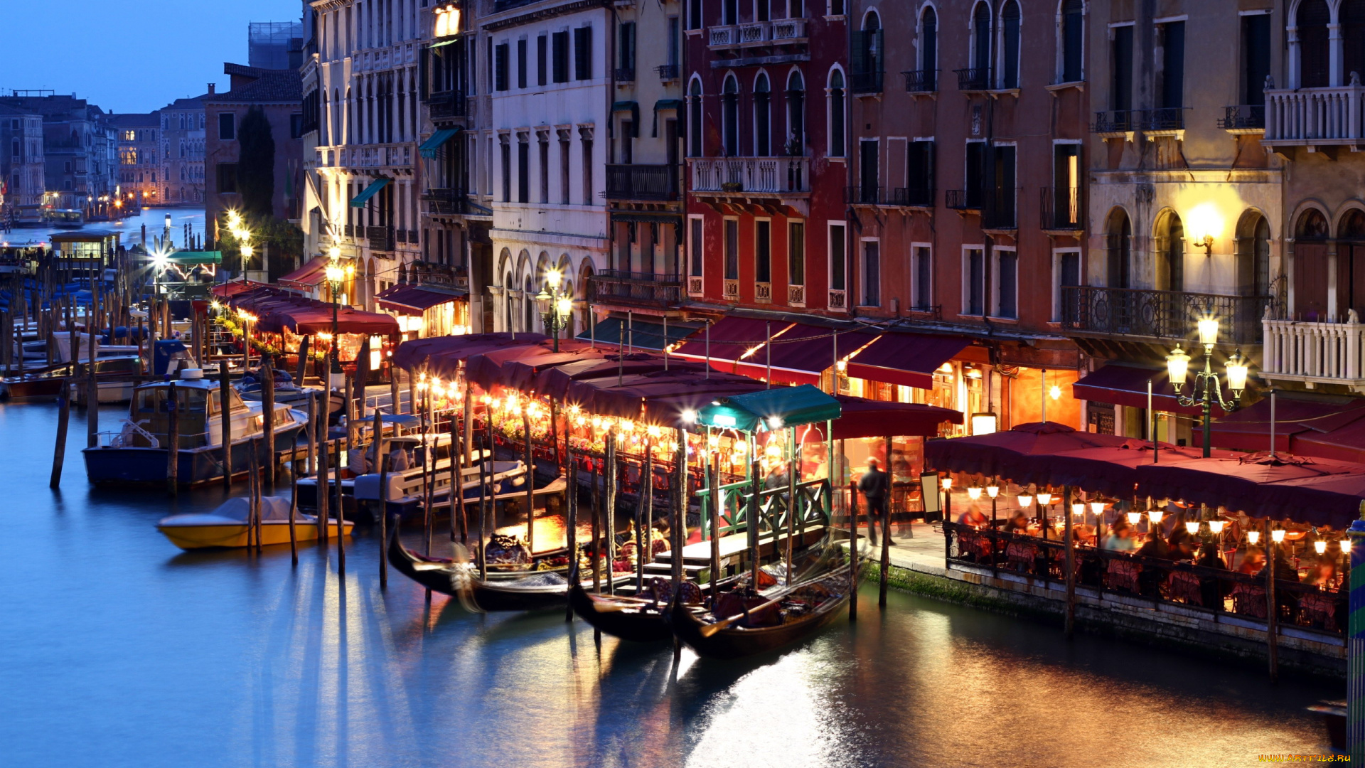 города, венеция, , италия, вечер, огни, кафе, причал, гондолы