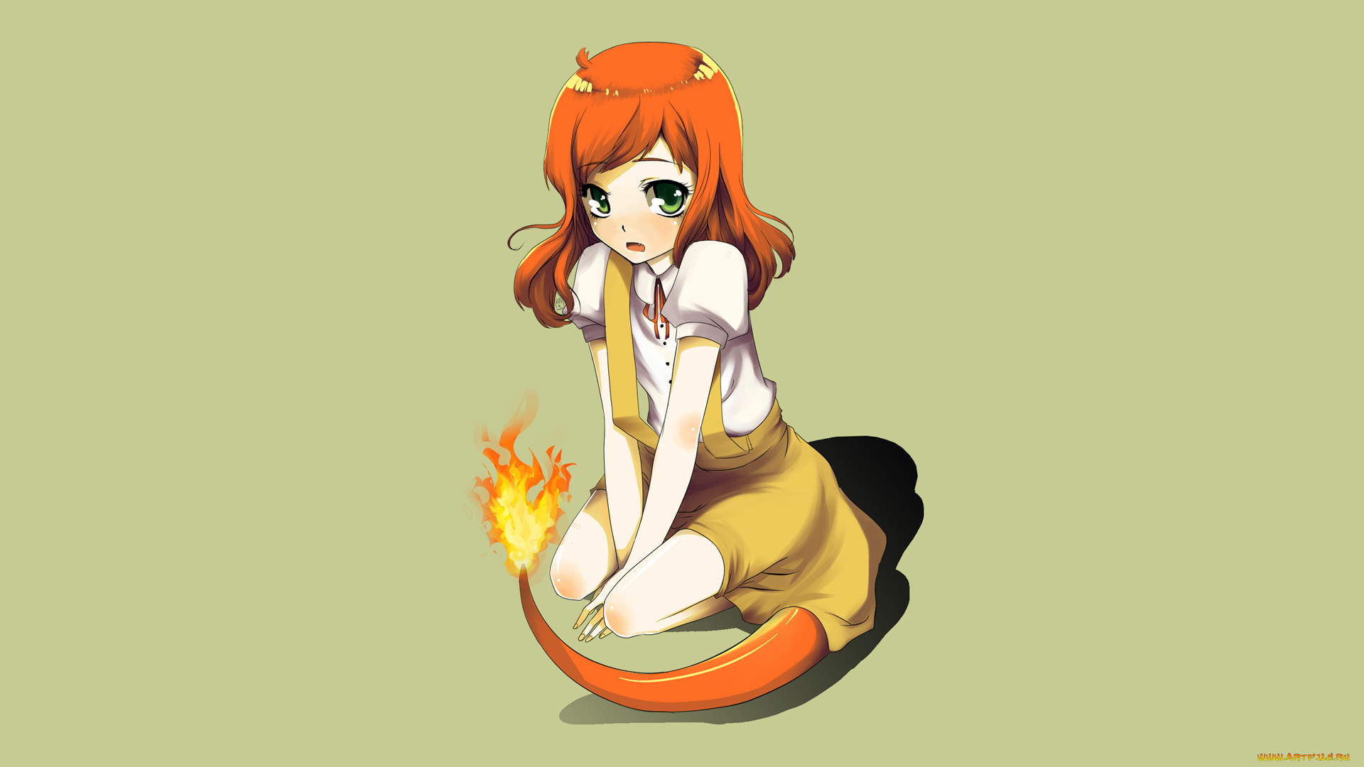 аниме, pokemon, charmander, girl, flames, anime, green, eyes