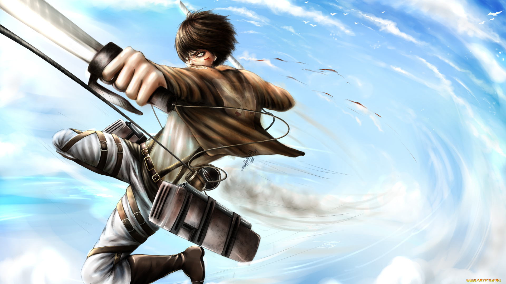 аниме, shingeki, no, kyojin, прыжок, оружие, парень, eren, jaeger, shingeki, no, kyojin, attack, on, titan, небо