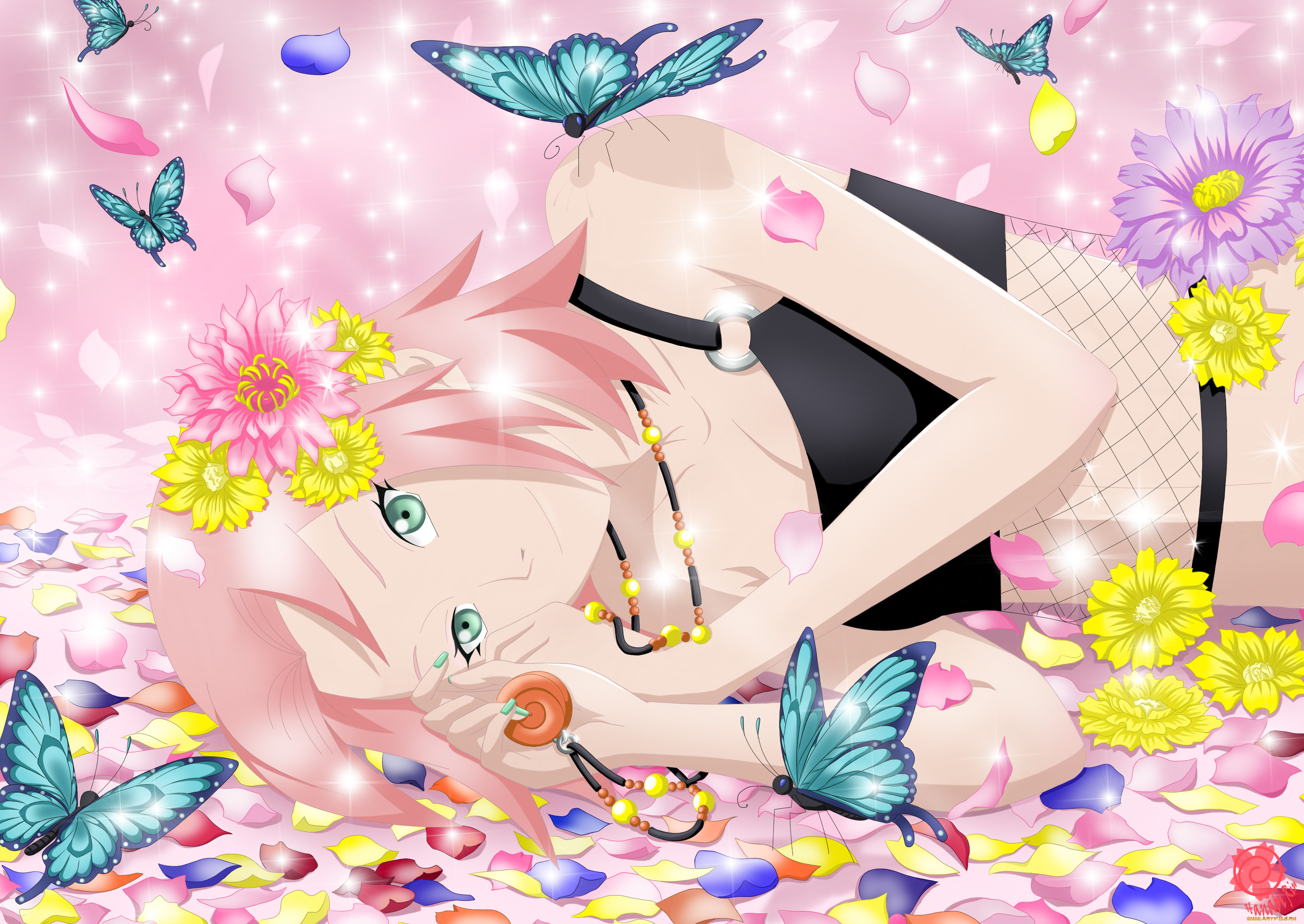аниме, naruto, арт, сакура, харуно, цветы, девушка, лежит, бабочки, розовые, волосы