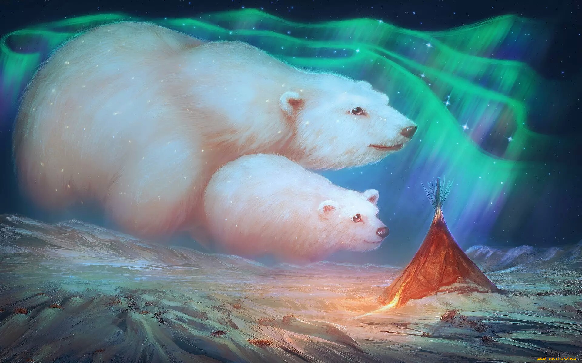 рисованное, животные, , медведи, marilucia, медведи, снег, горы, северное, сияние