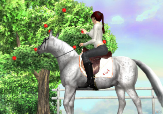 Картинка 3д+графика люди+и+животные+ people+and+animals взгляд девушки лошадь фон
