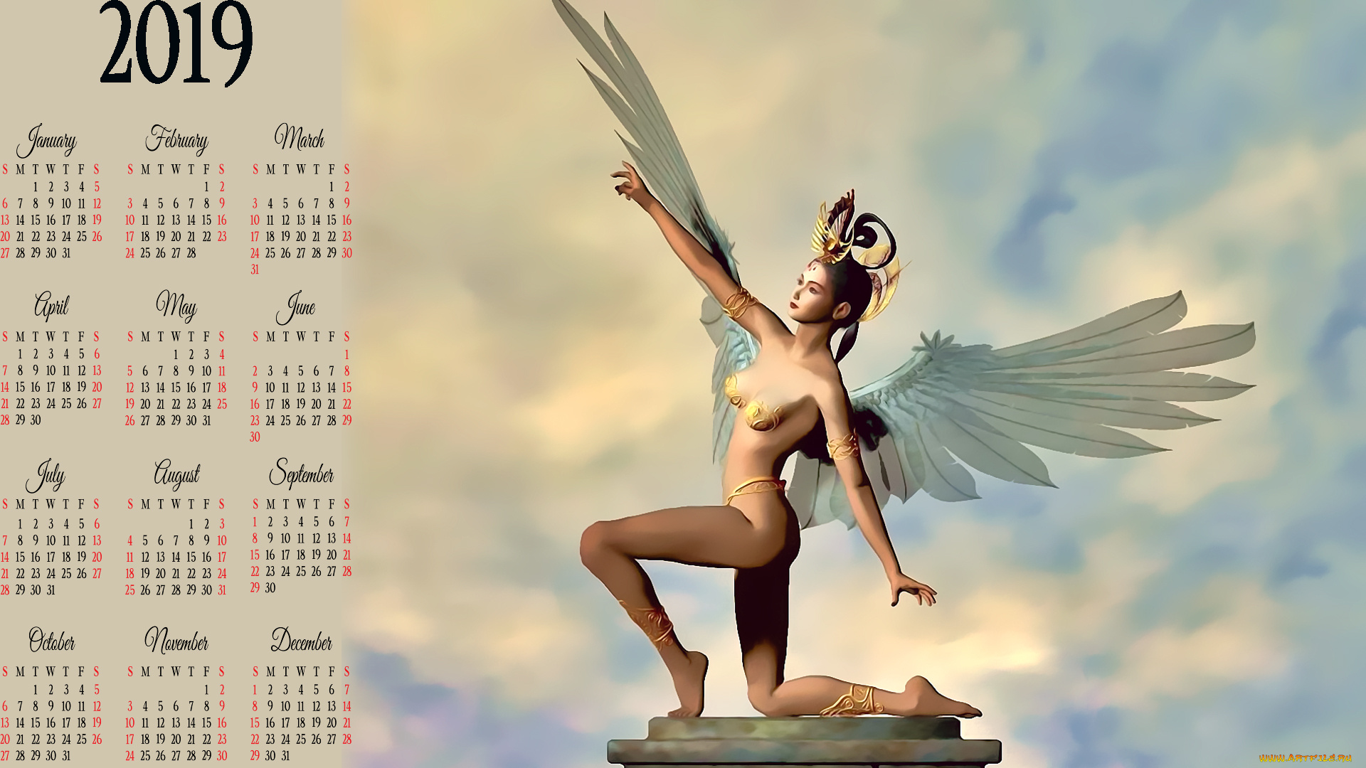 календари, фэнтези, 2019, calendar, женщина, поза, ангел, крылья, девушка