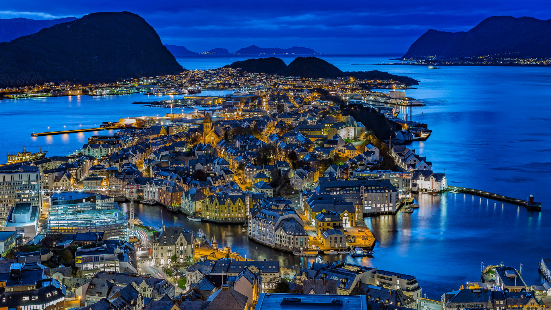 города, олесунн, , норвегия, панорама, вечер, огни