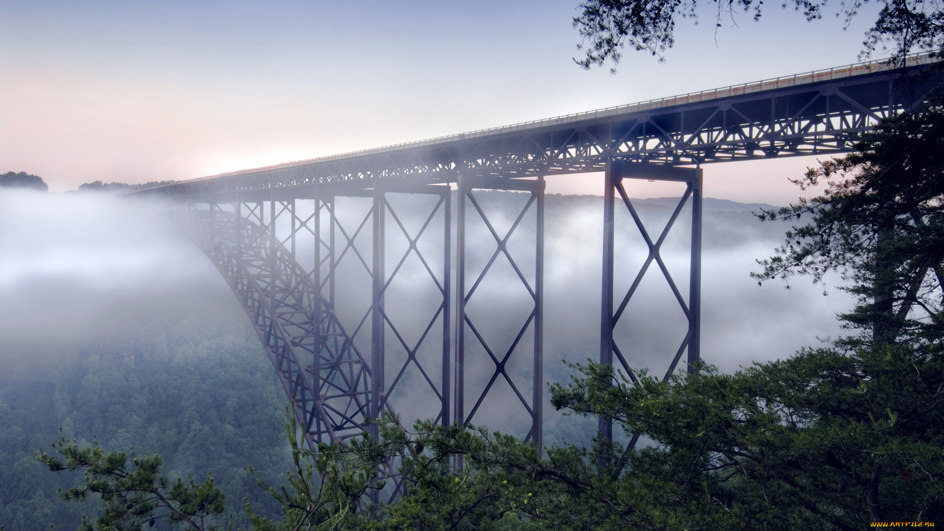 new, river, gorge, bridge, города, мосты, туман, река, мост