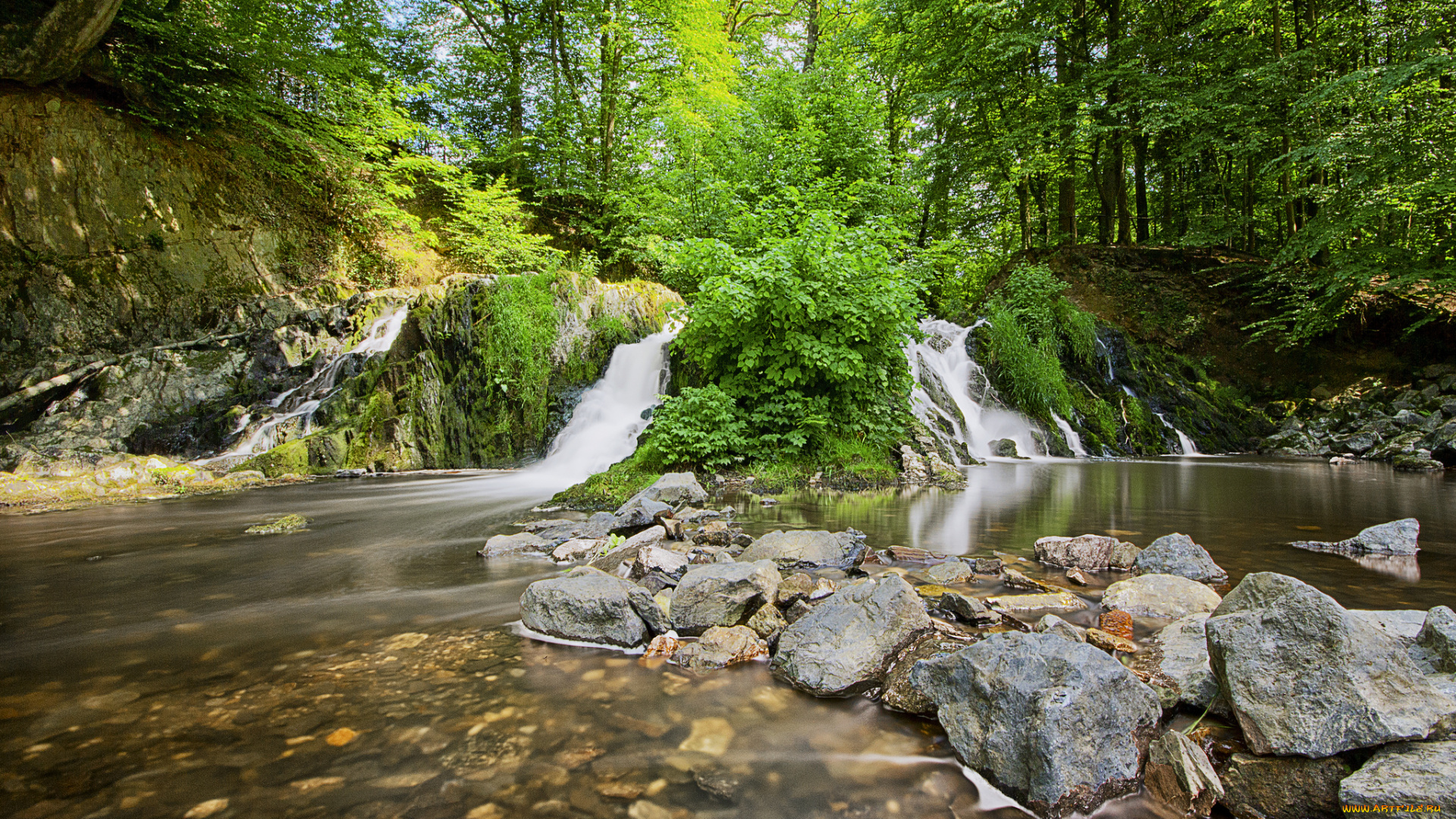 природа, водопады, каскад, лес, камни