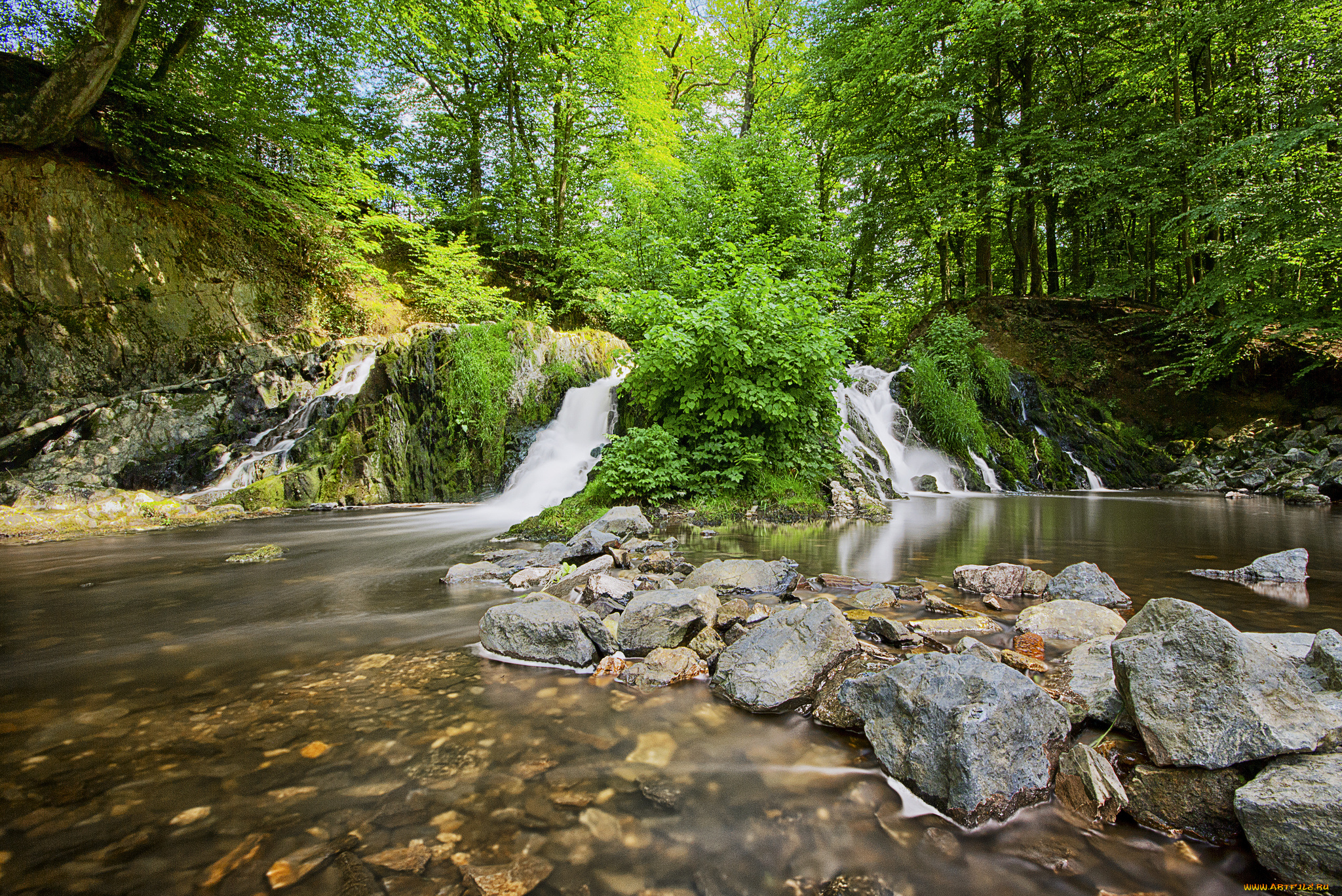 природа, водопады, каскад, лес, камни