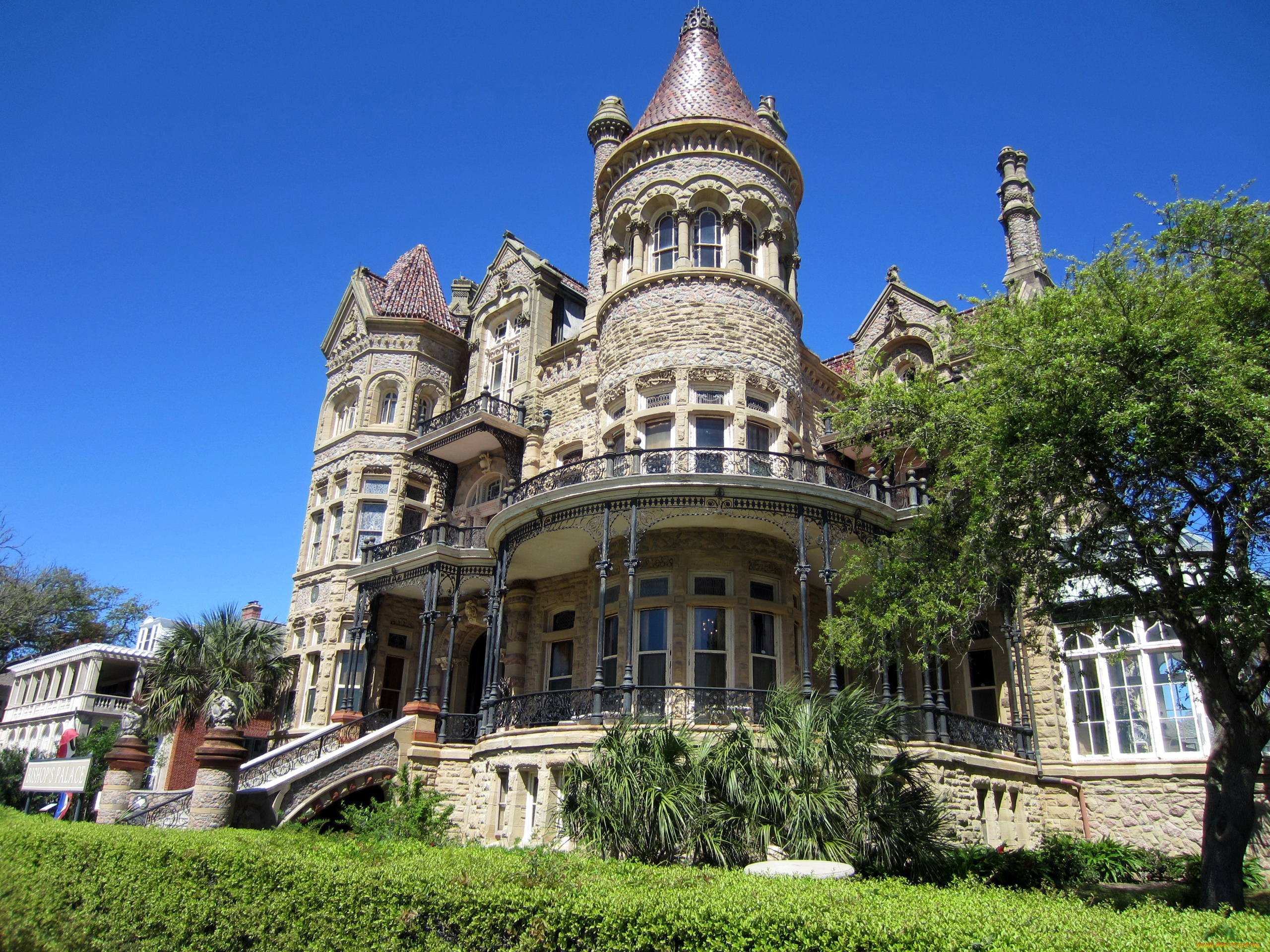 bishop`, palace, galveston, usa, города, дворцы, замки, крепости, газон, замок, деревья