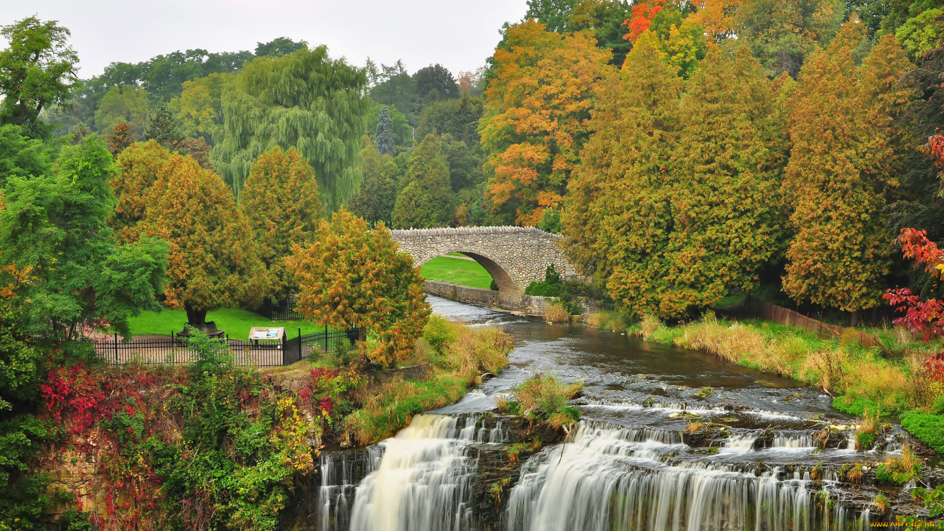 природа, парк, мост, река, осень, деревья, водопад