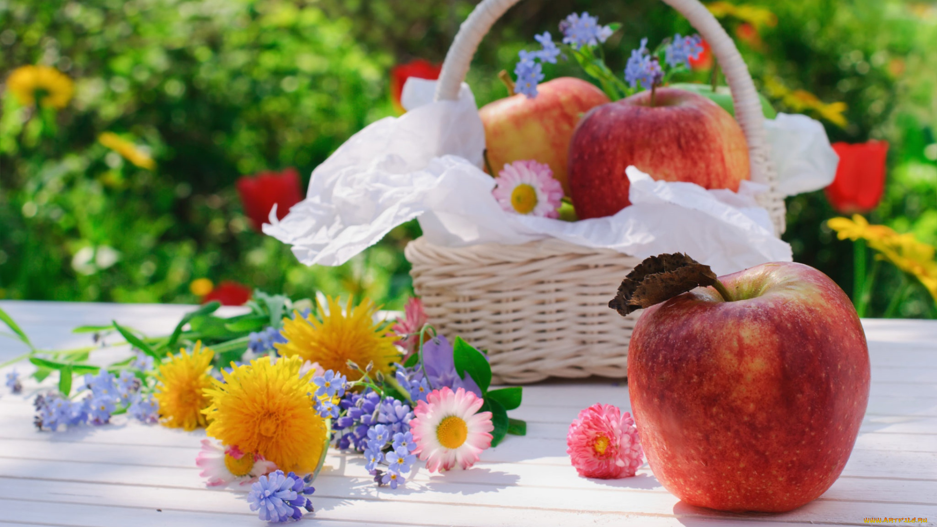 еда, Яблоки, цветы, яблоки, корзинка