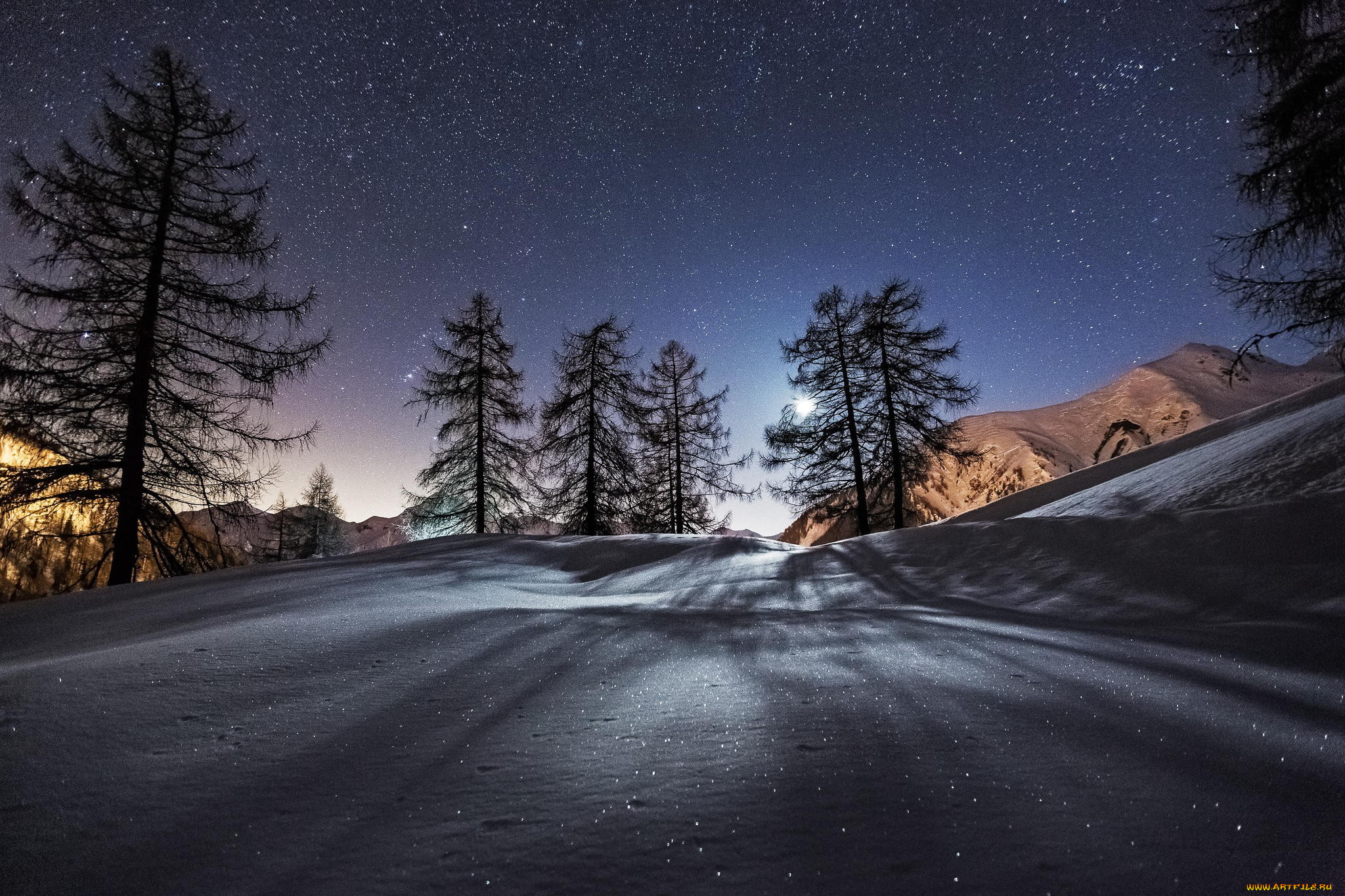 природа, горы, зима, снег, деревья, звезды, ночь, небо