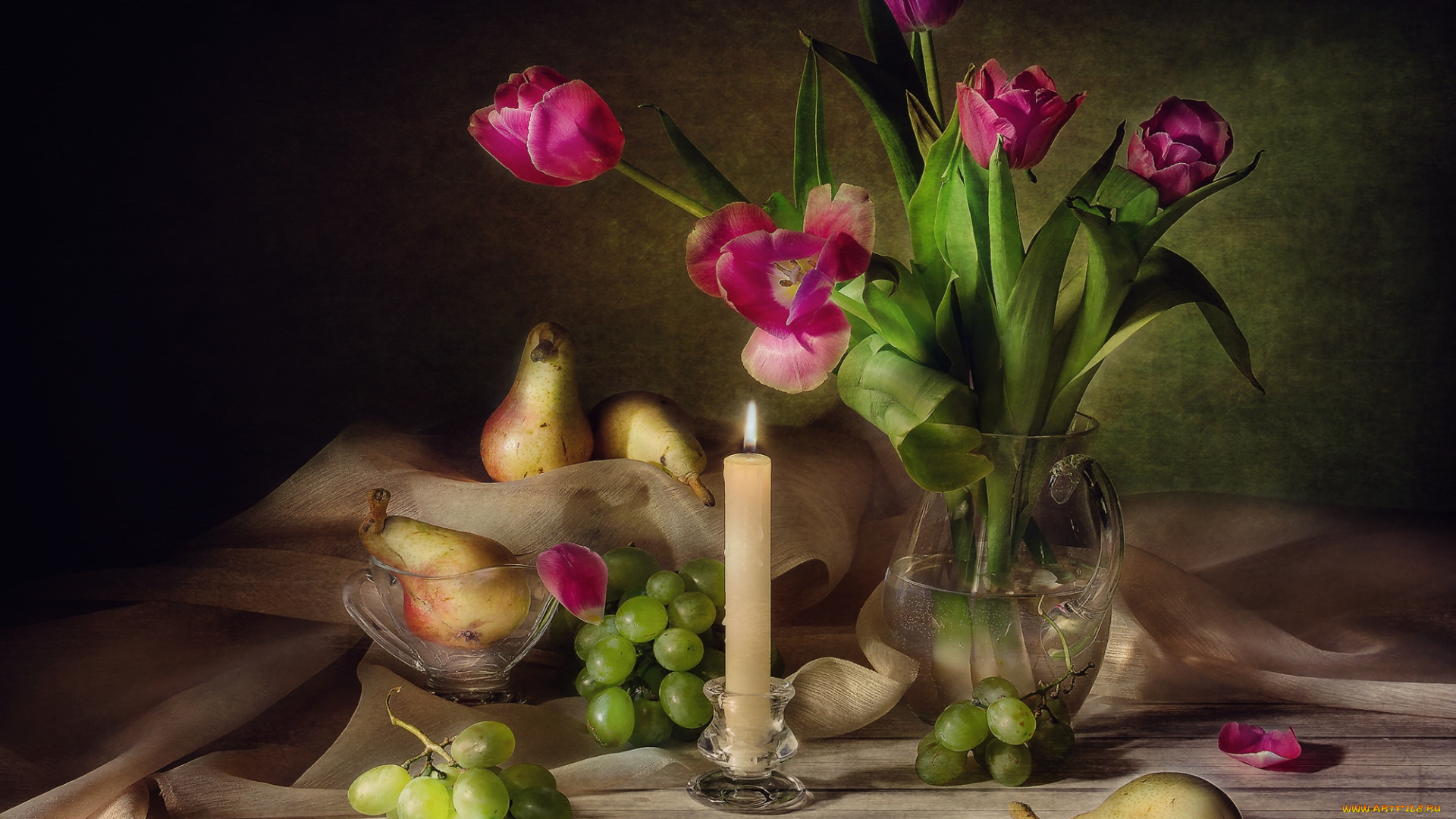 еда, натюрморт, тюльпаны, свеча, виноград, груши
